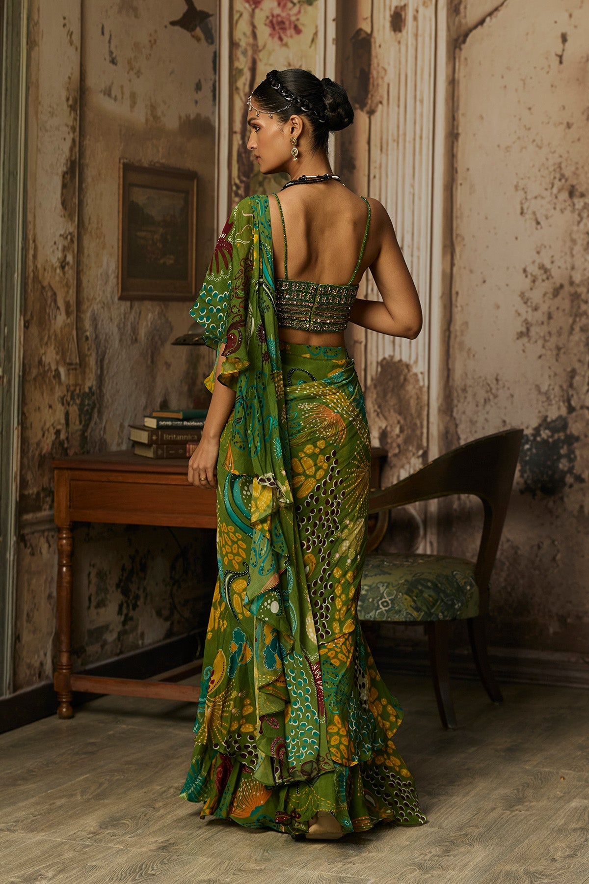 Pear Green Printed And Highlighted Ruffle Skirt Saree Set