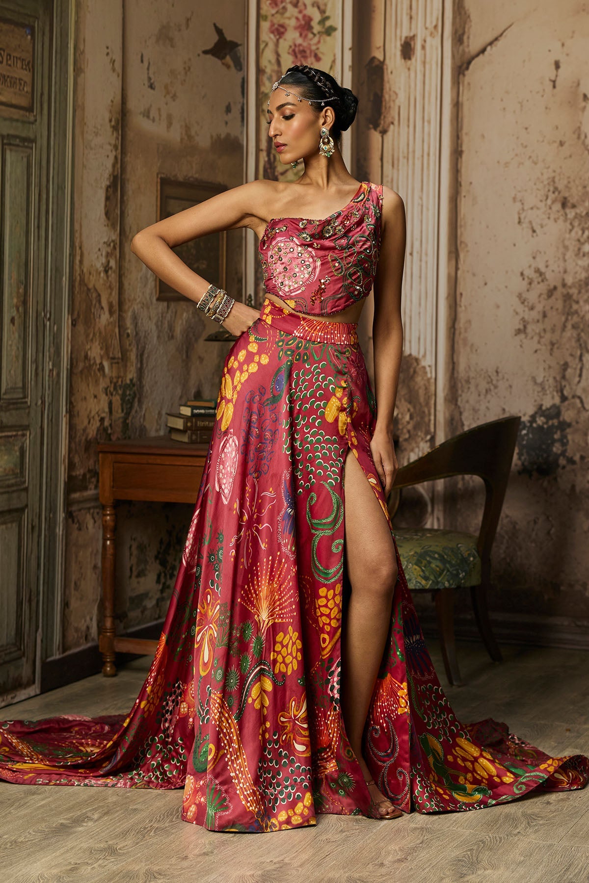 Deep Red Printed And Highlighted Slit Skirt Set