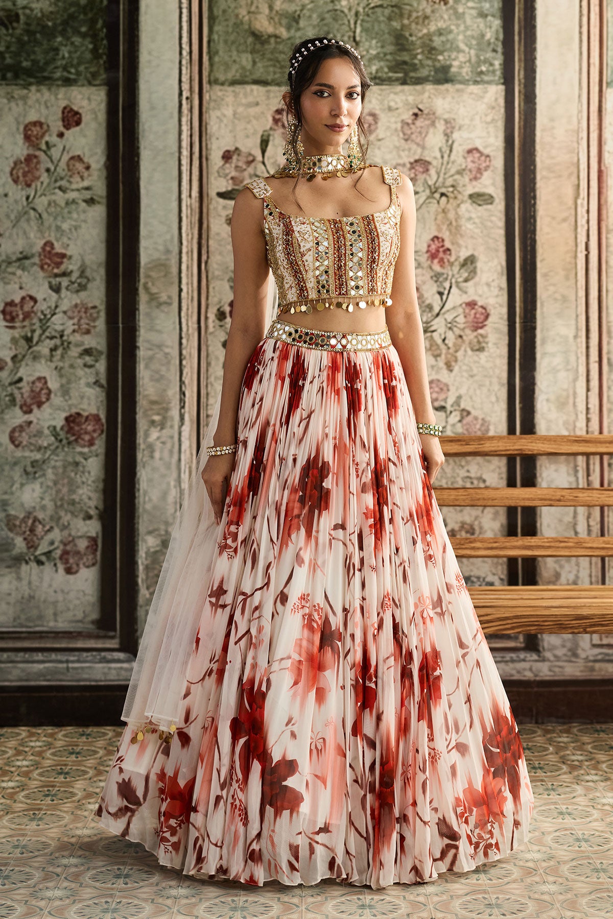 Ivory & Rust Floral Printed Lehenga Set