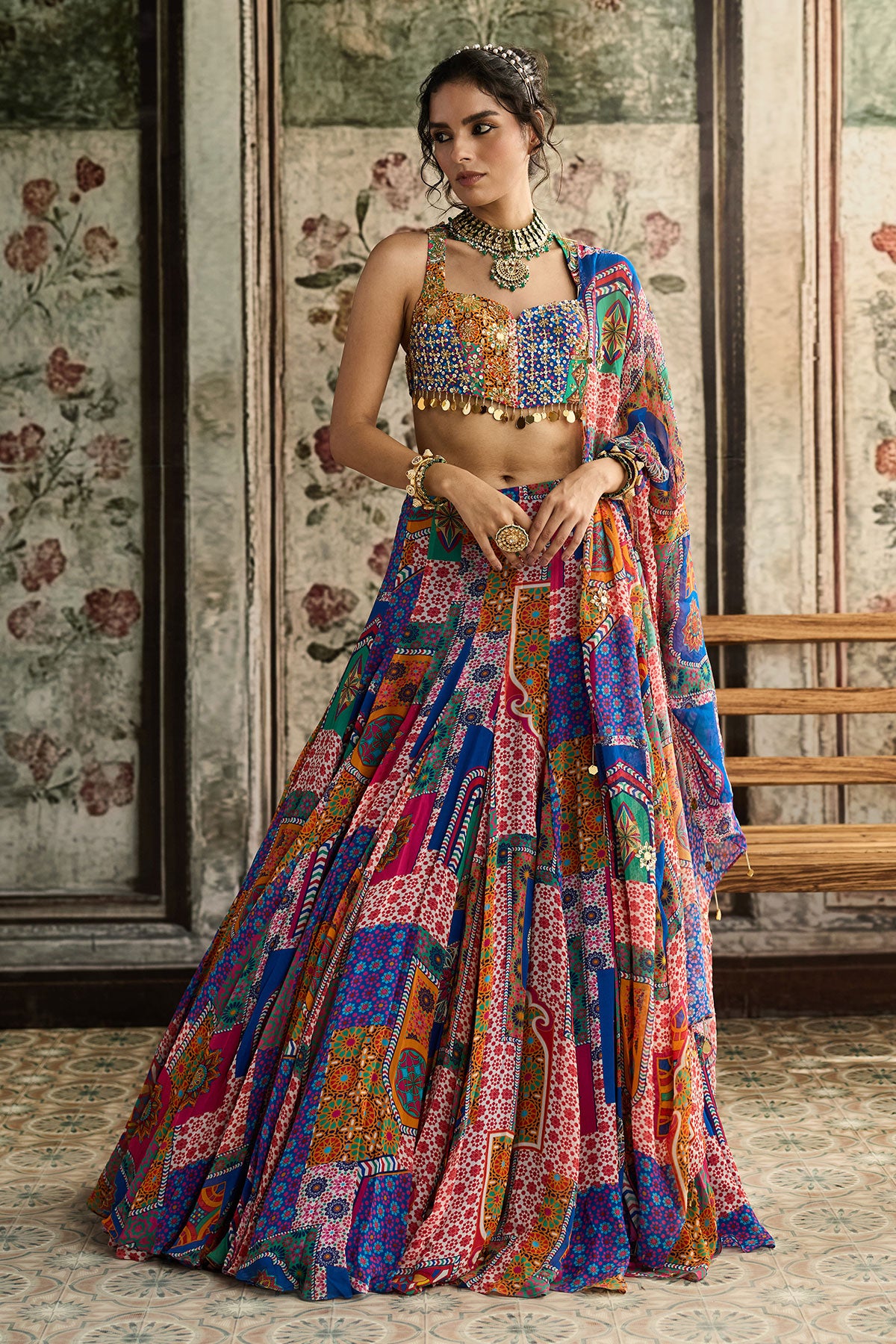 Multi-Color Print And Highlighted Racerback Blouse With Godet Skirt Set