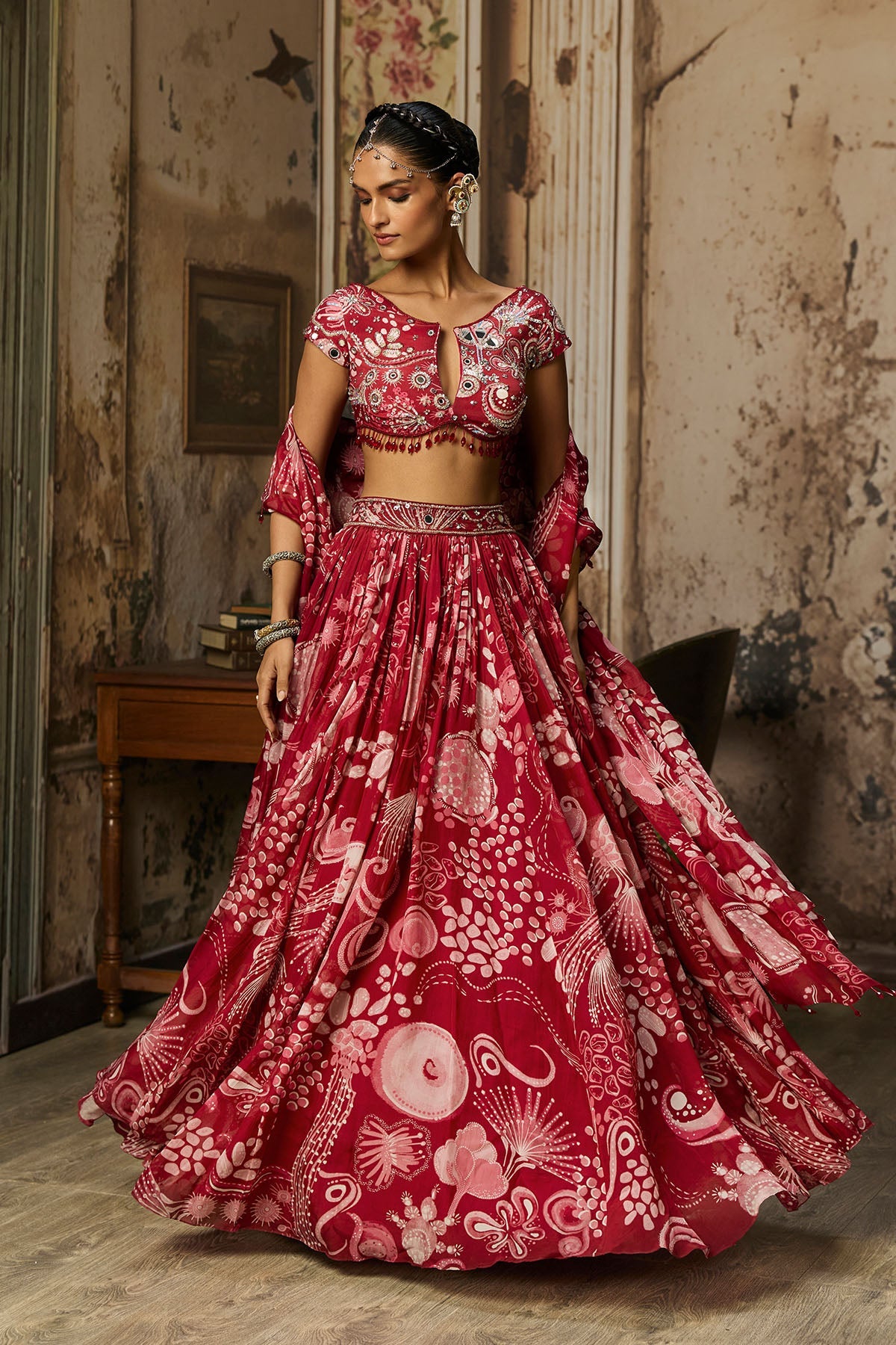 Scarlet Red Printed And Highlighted Lehenga Set