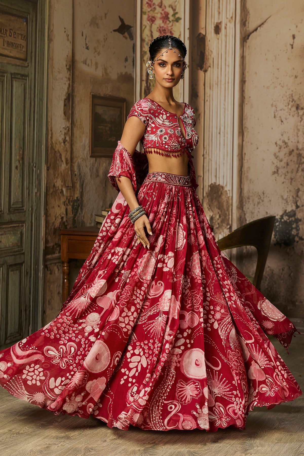 Scarlet Red Printed And Highlighted Lehenga Set