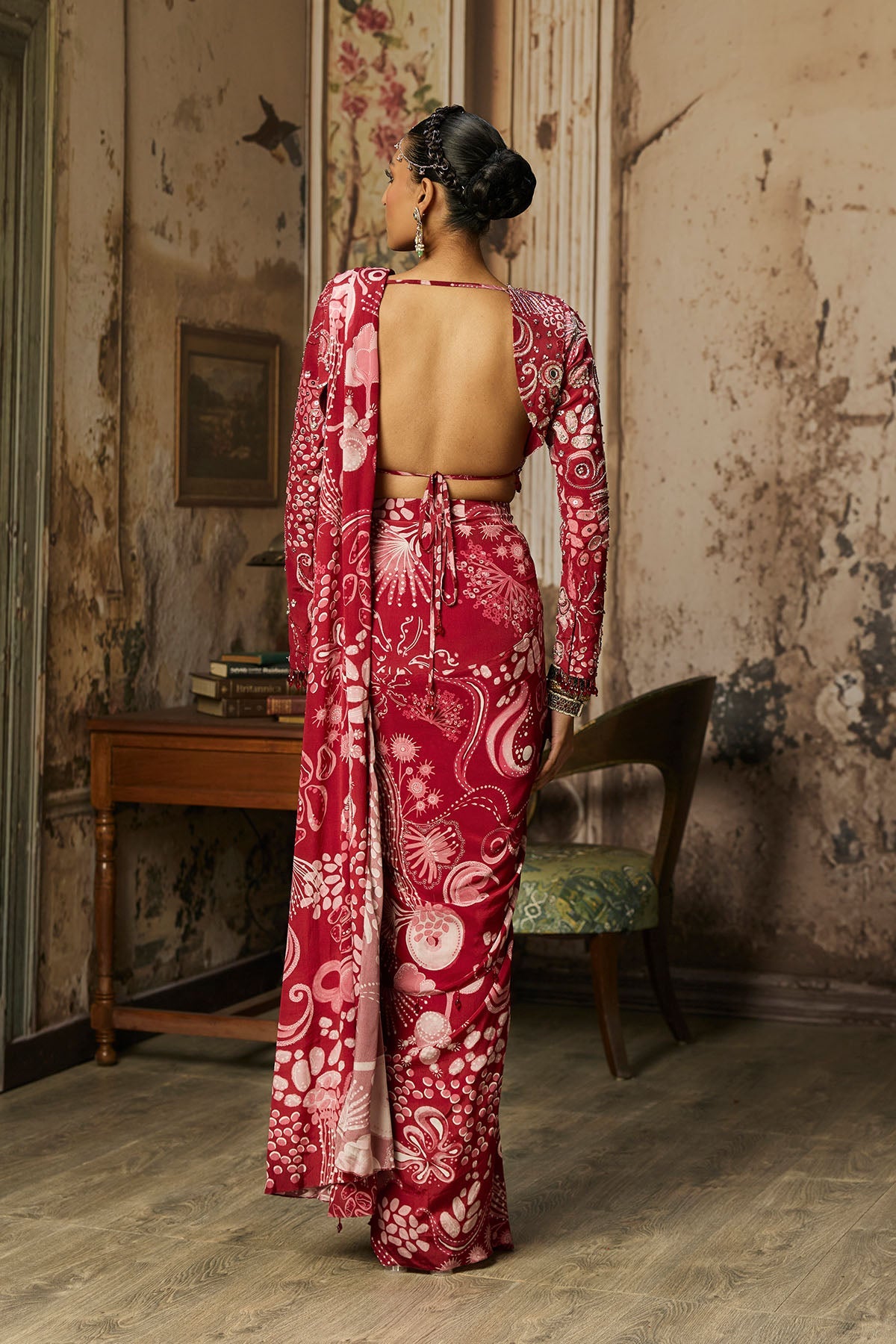 Scarlet Red Printed And Highlighted Dhoti Skirt Saree Set