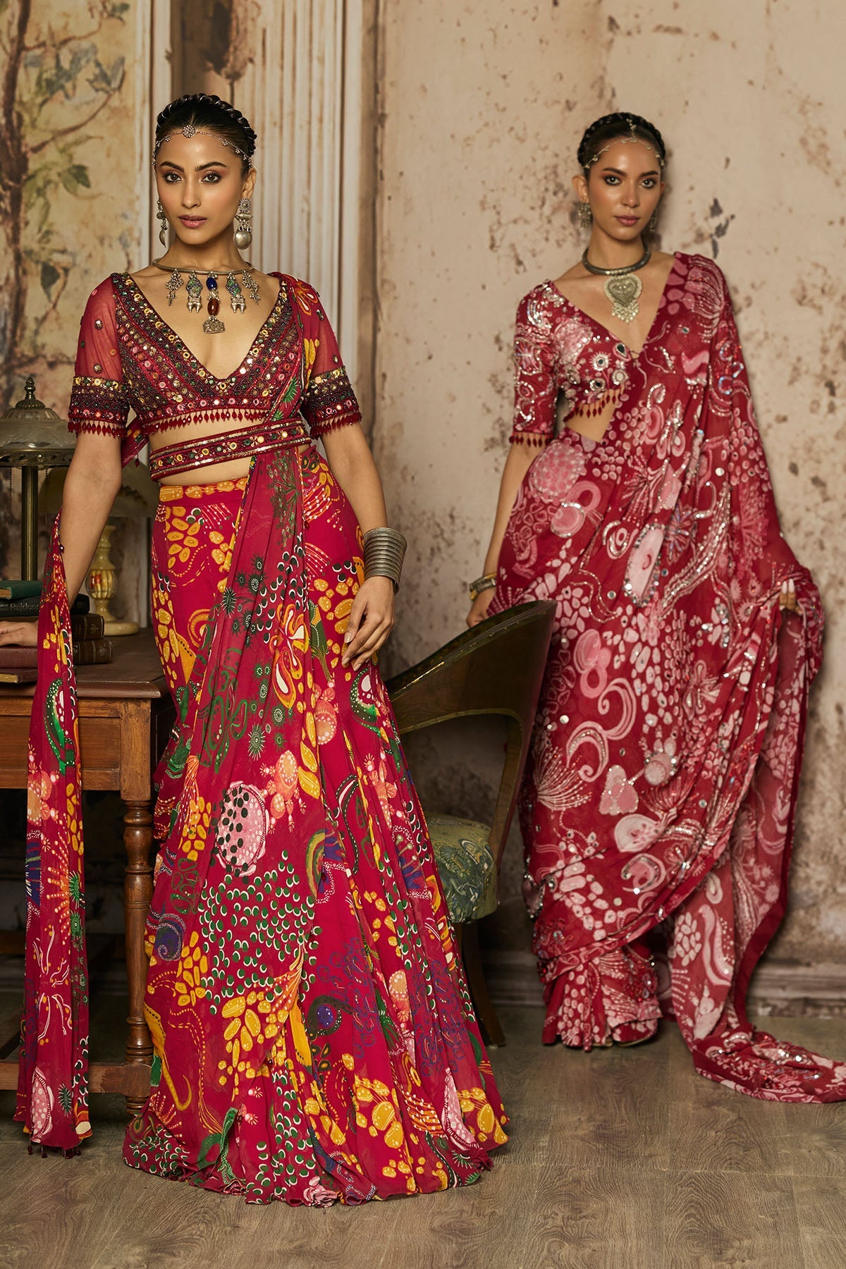 Deep Red Embroidered Blouse With Mermaid Skirt Saree Set