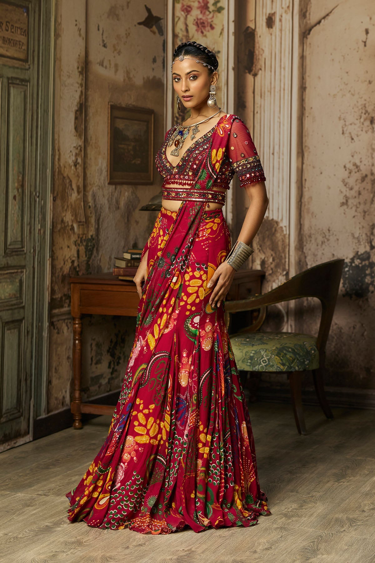 Deep Red Embroidered Blouse With Mermaid Skirt Saree Set