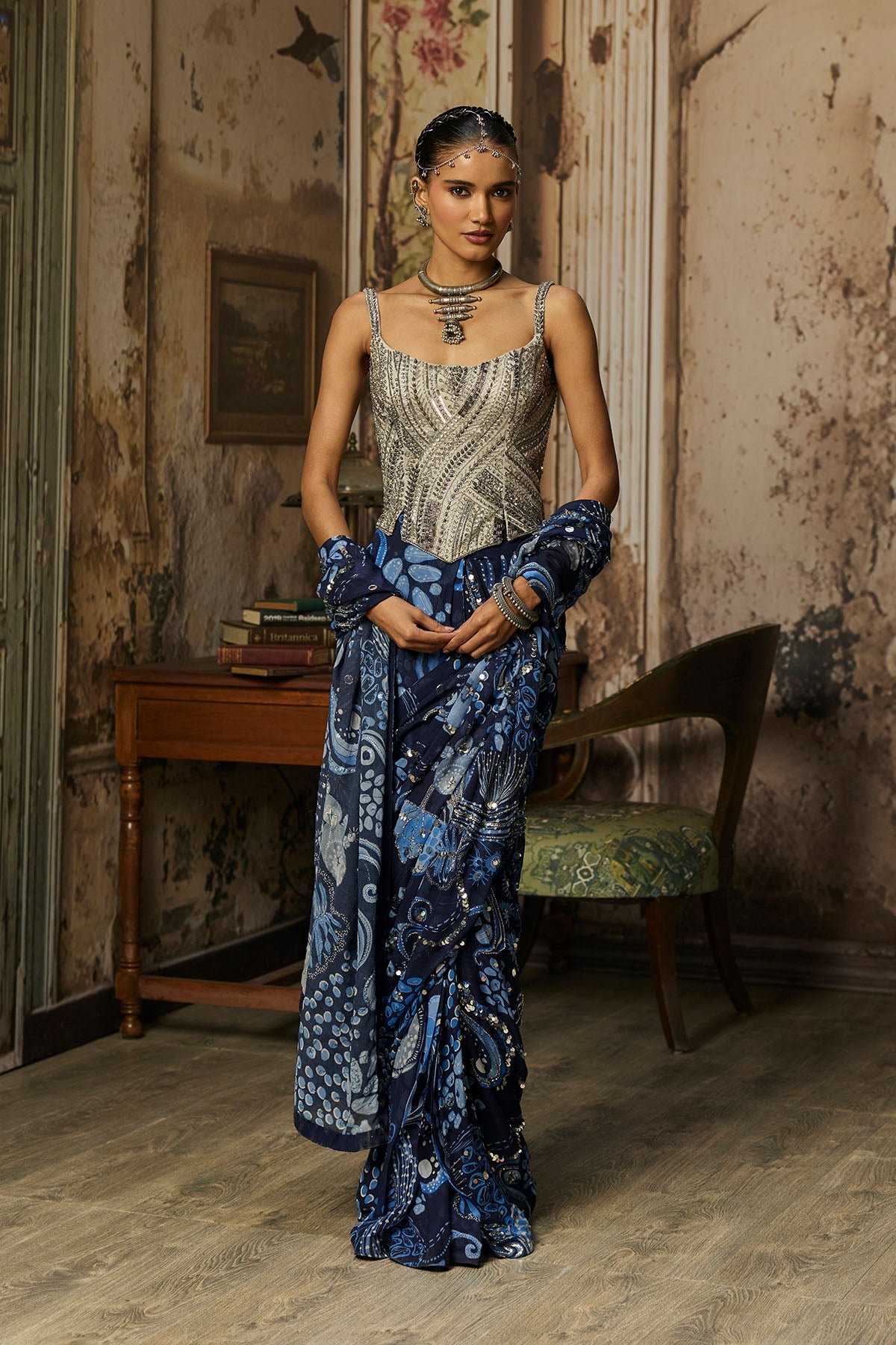 Gunmetal Grey Corset With Printed And Highlighted Classic Saree Set