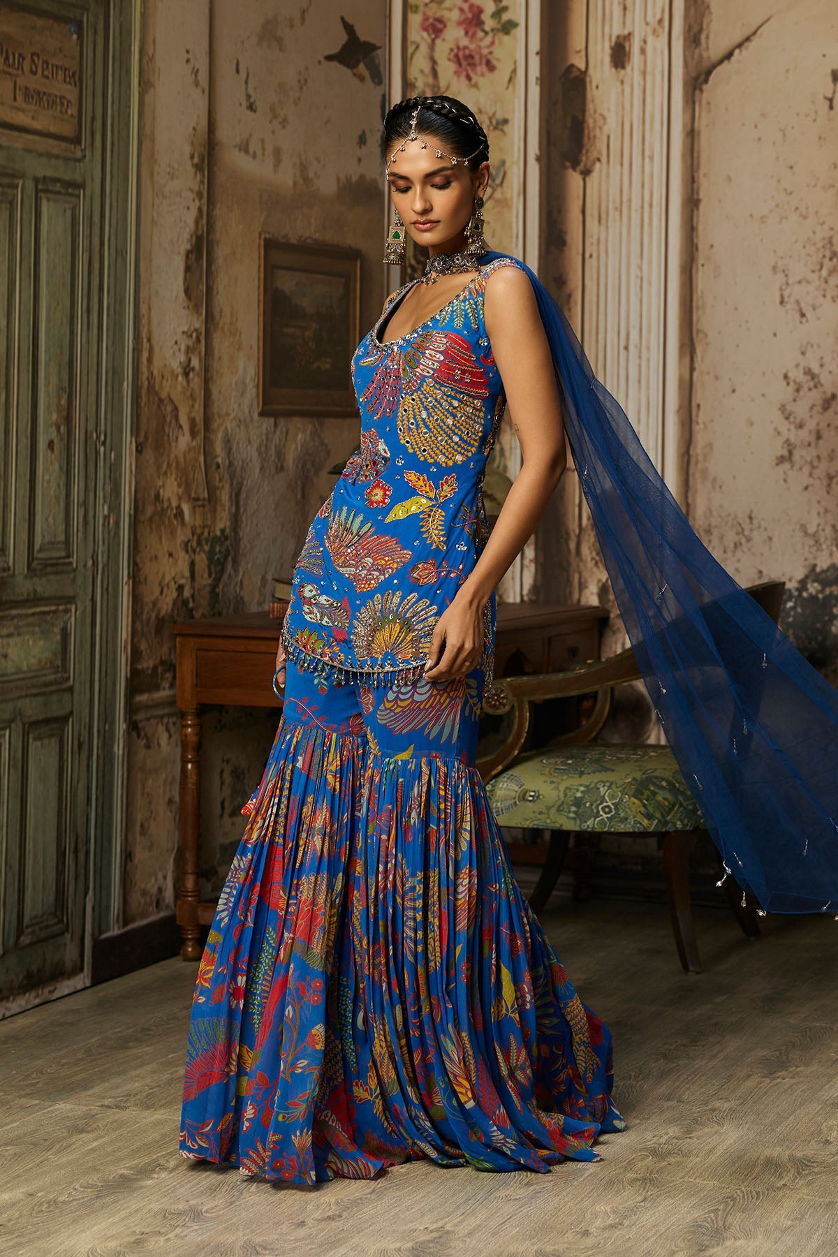 Electric Blue Printed Highlighted Kurti With Gharara Set
