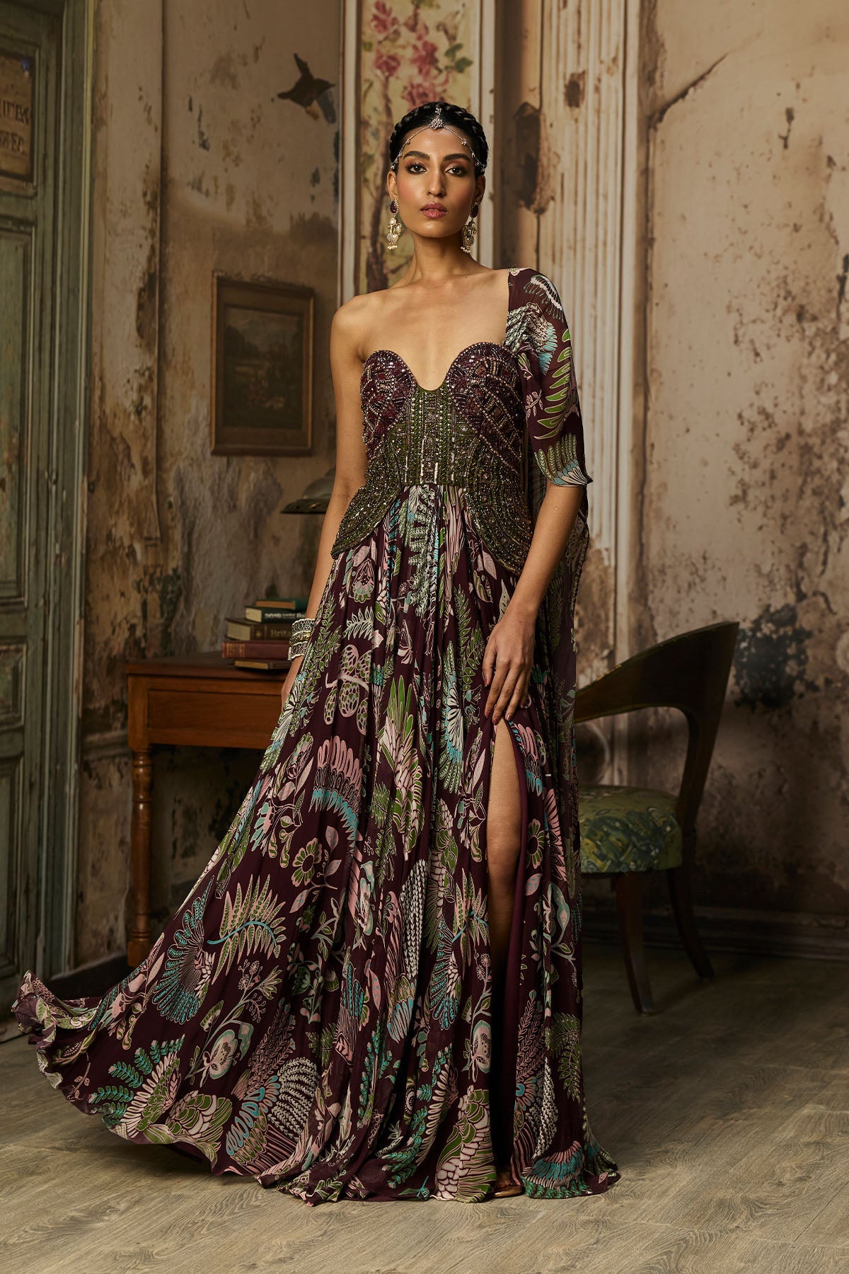 Plum Printed And Embroidered Drape Gown Saree