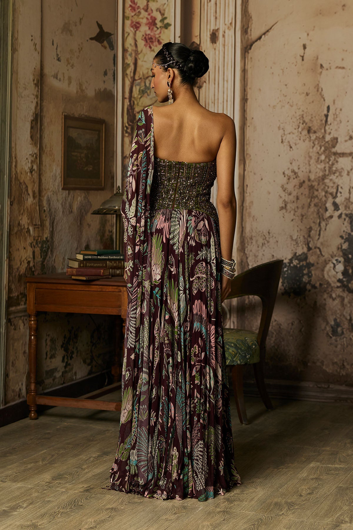 Plum Printed And Embroidered Drape Gown Saree