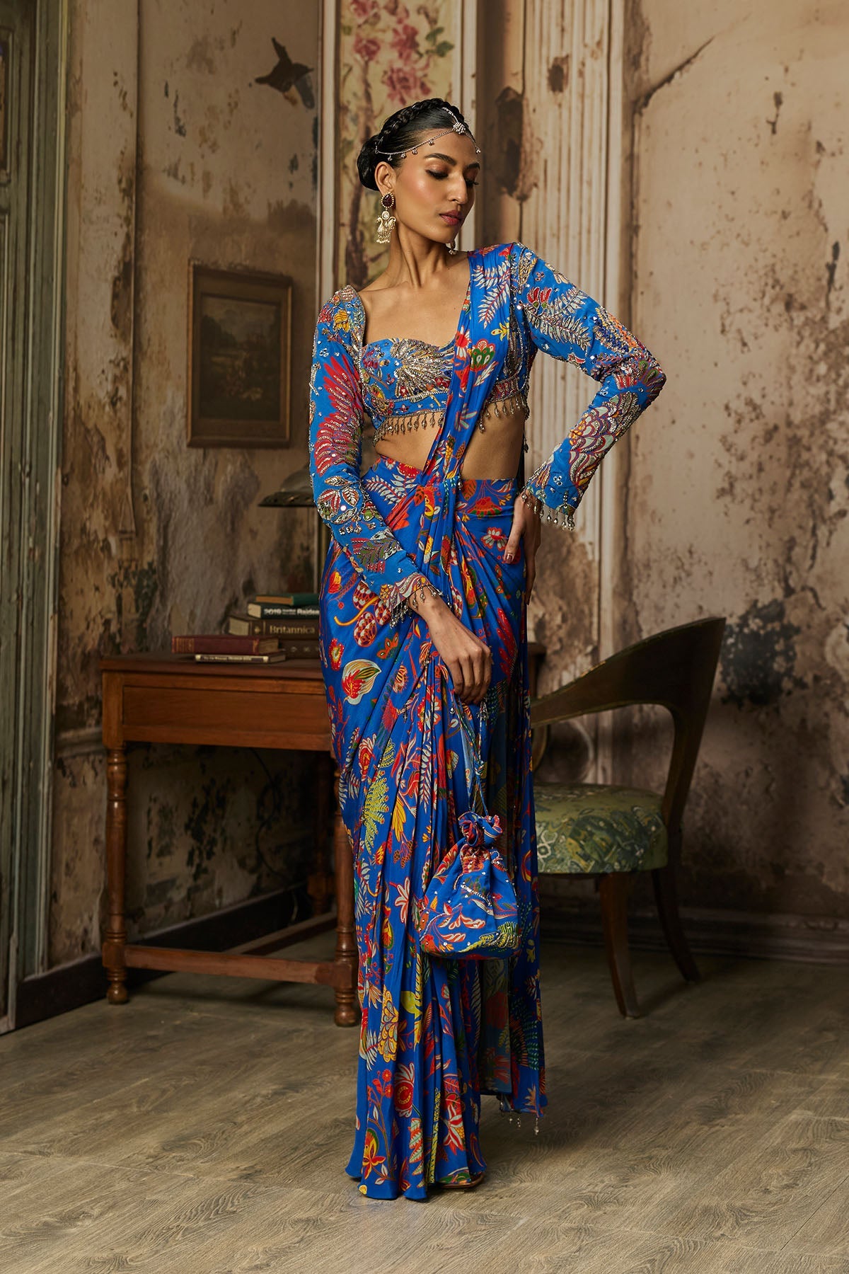 Electric Blue Printed And Highlighted Dhoti Saree