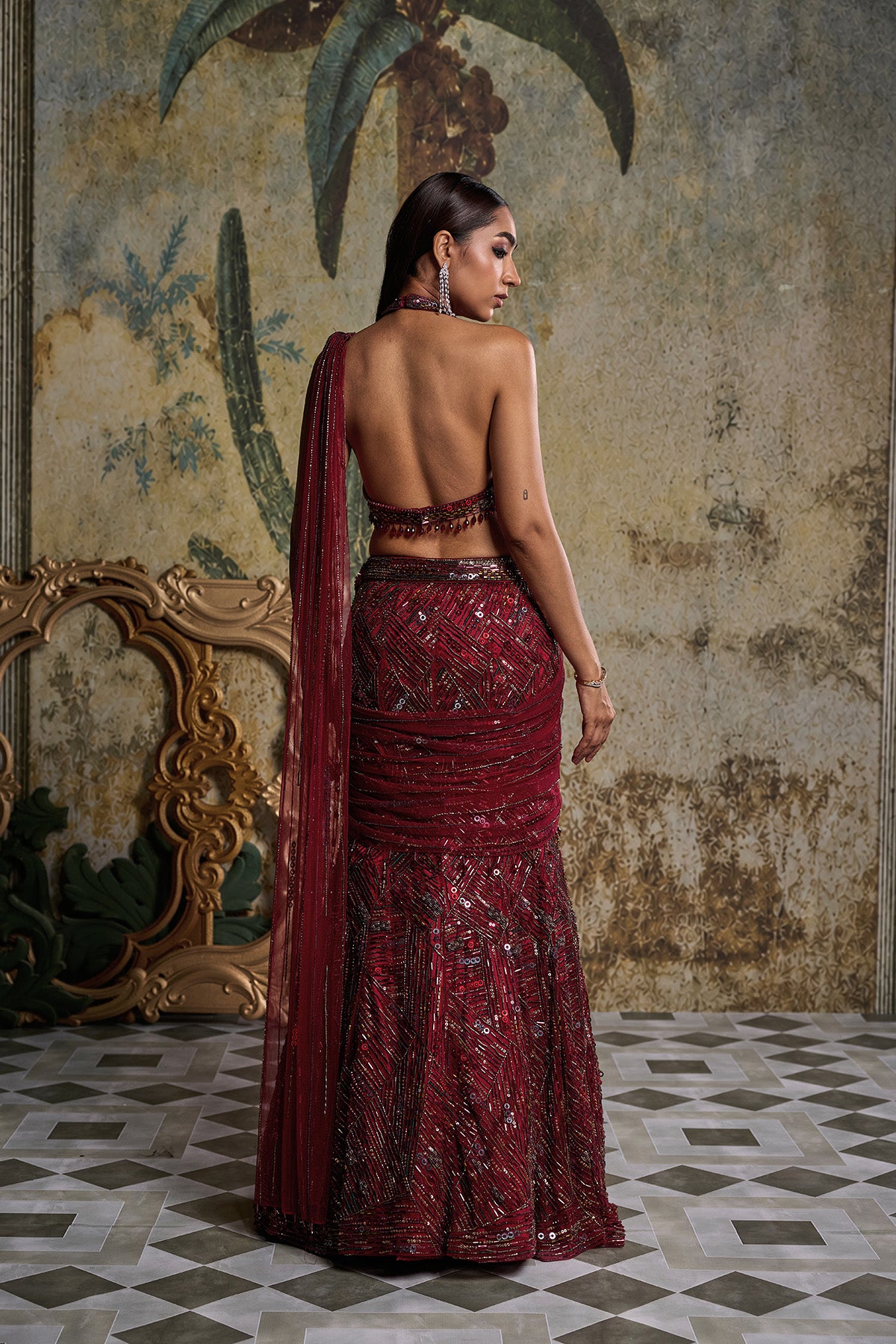 MAROON ABSTRACT EMBELLISHED SAREE SET