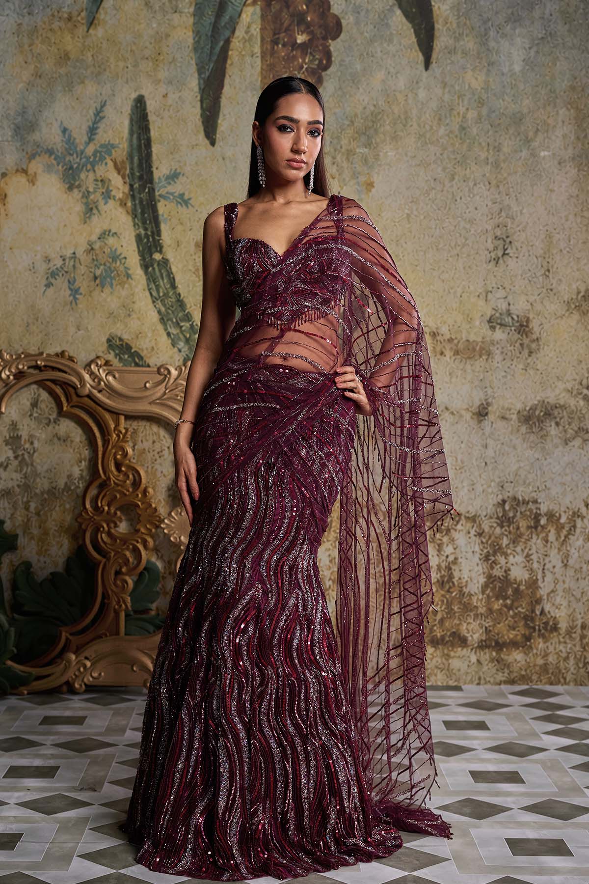 PLUM WAVE EMBELLISHED SAREE SET
