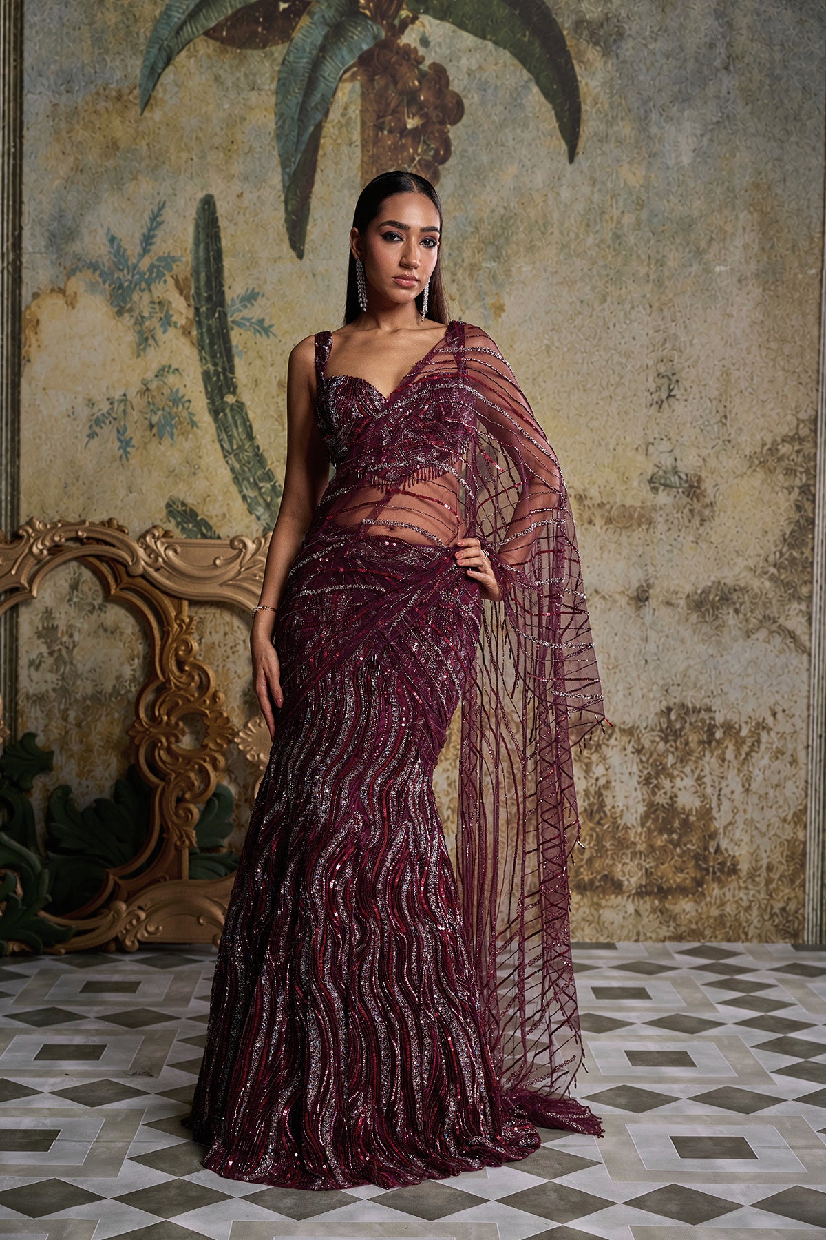 PLUM WAVE EMBELLISHED SAREE SET