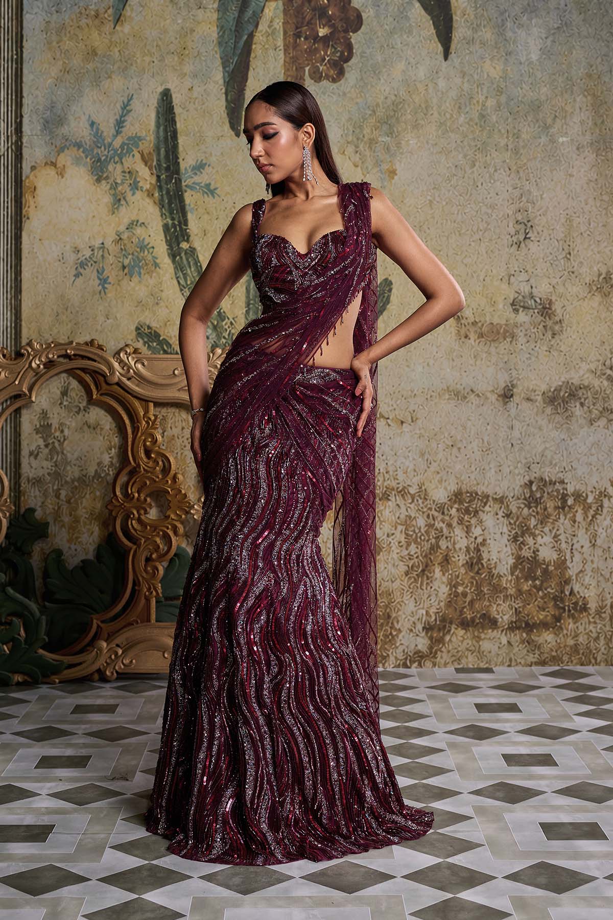 PLUM WAVE EMBELLISHED SAREE SET
