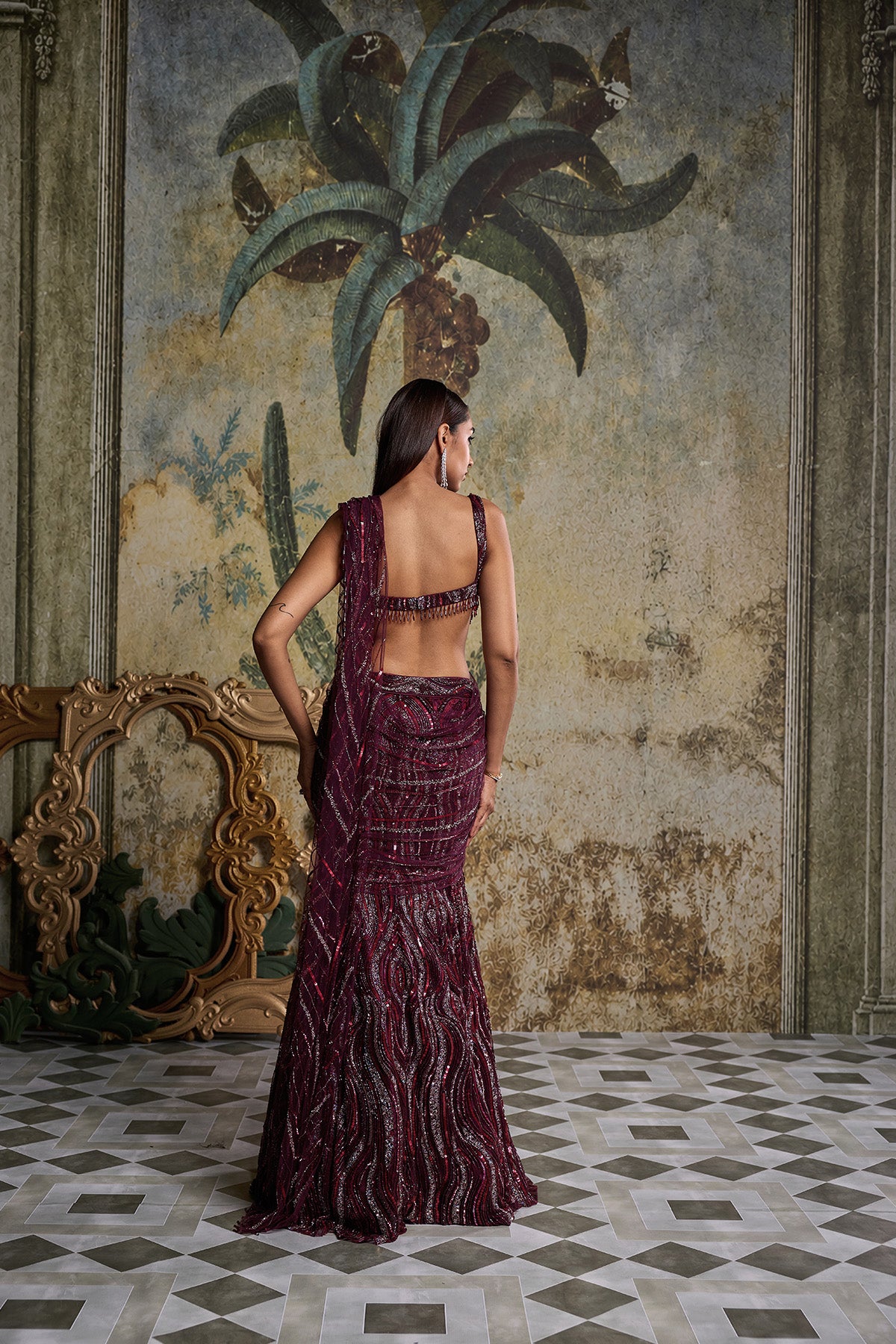 PLUM WAVE EMBELLISHED SAREE SET