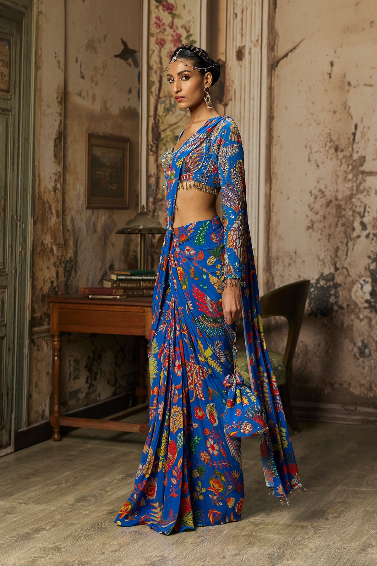 Electric Blue Printed And Highlighted Dhoti Saree