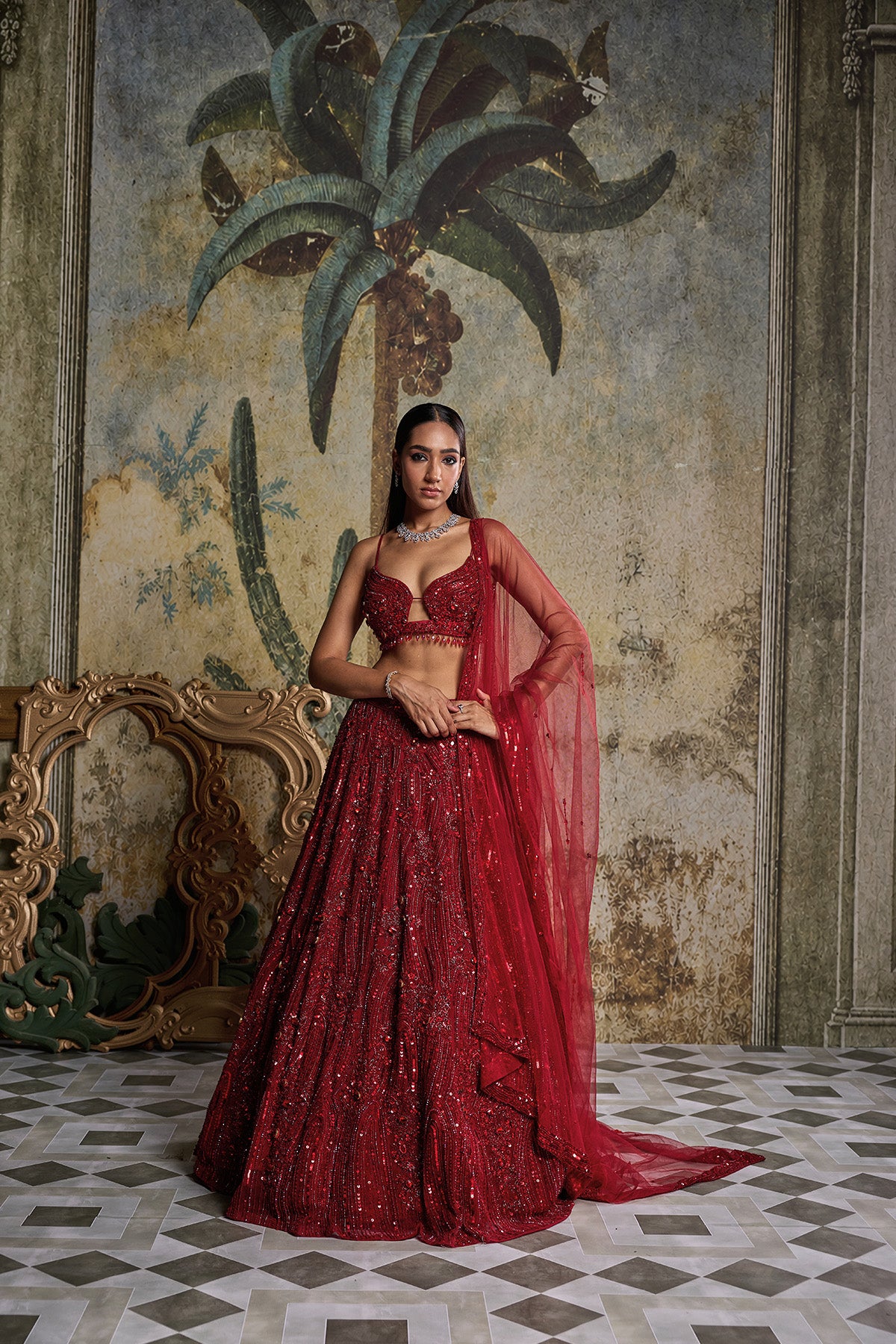 RED EMBELLISHED LEHENGA SET