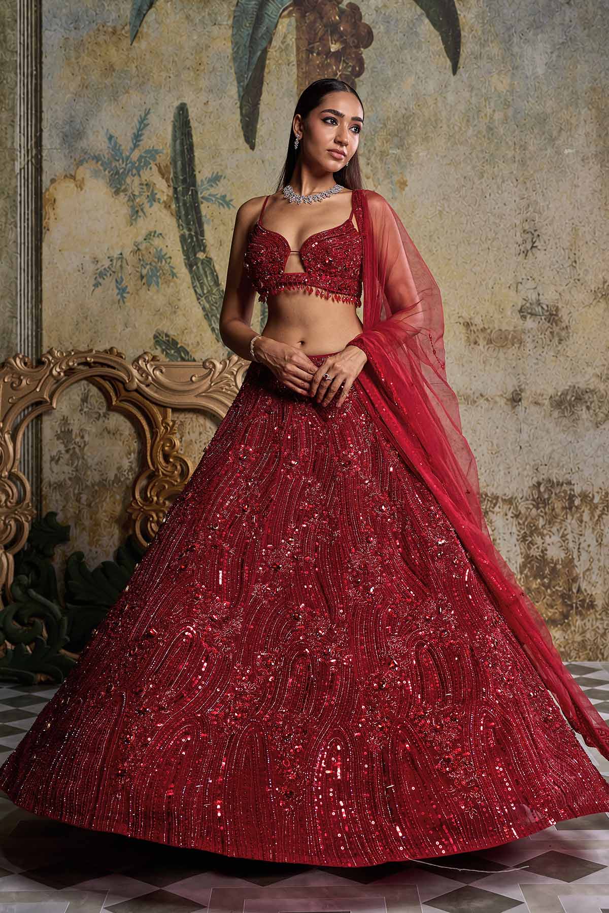 RED EMBELLISHED LEHENGA SET