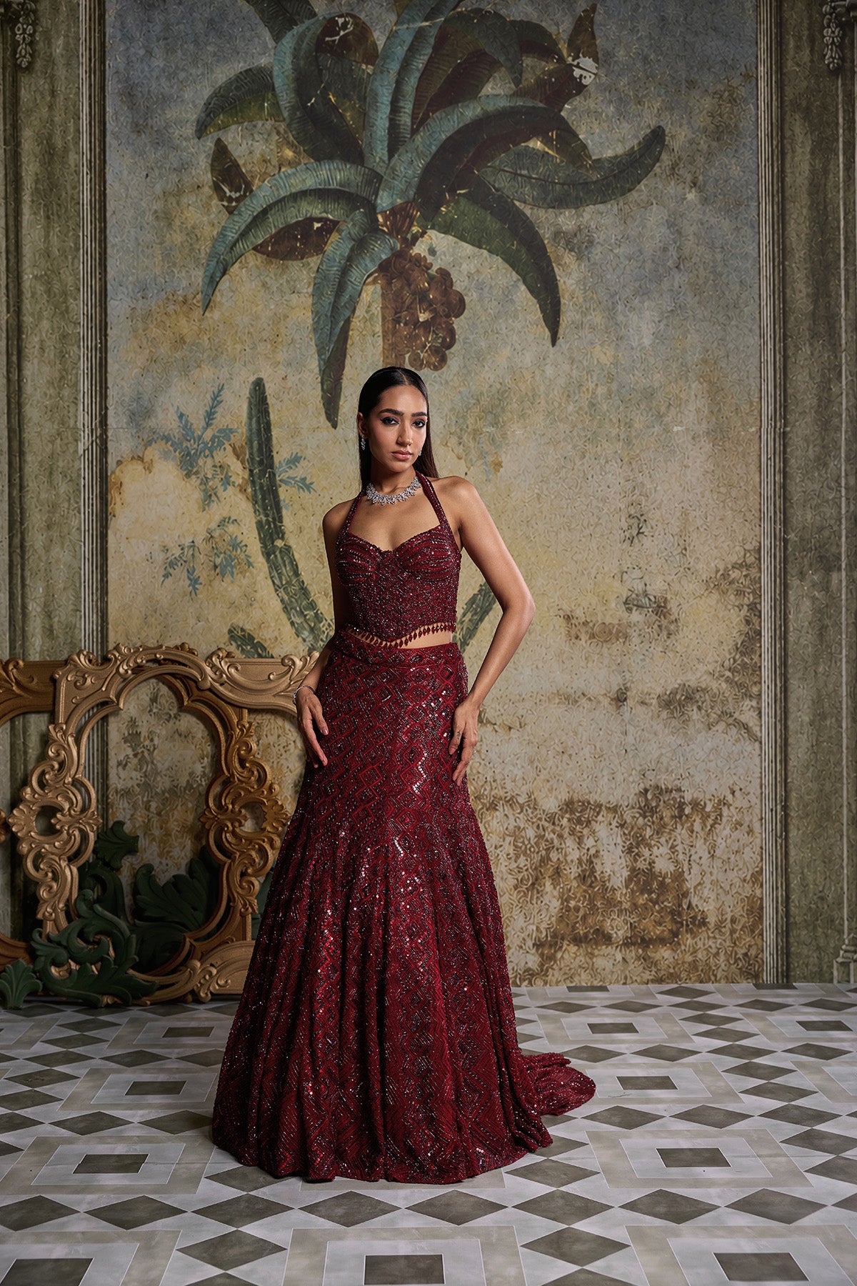MAROON EMBELLISHED MERMIAD SET