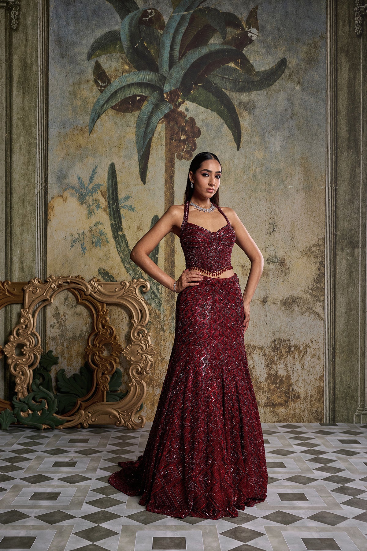 MAROON EMBELLISHED MERMIAD SET