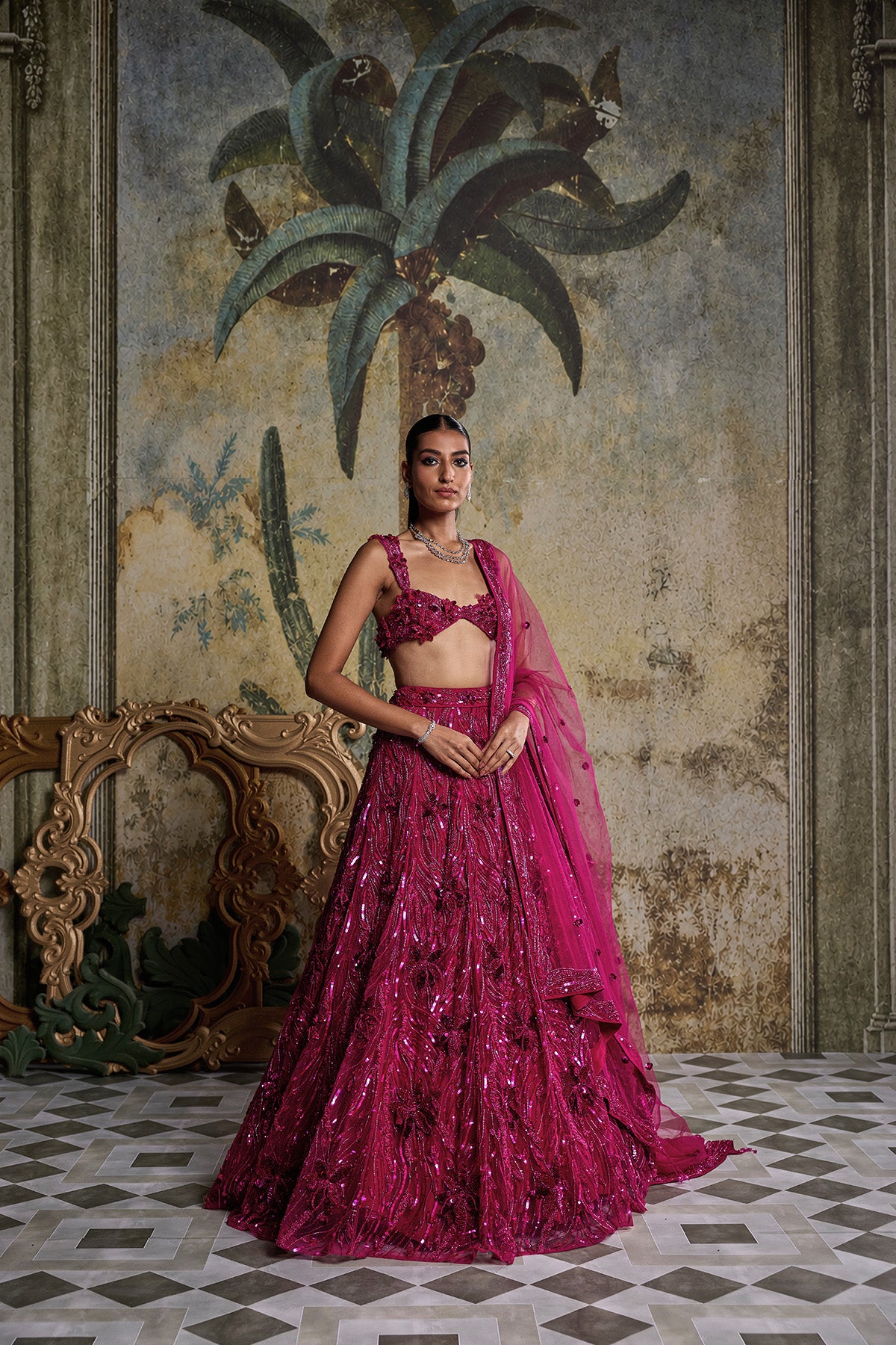 FUSCHIA PINK 3-D EMBELLISHED LEHENGA SET
