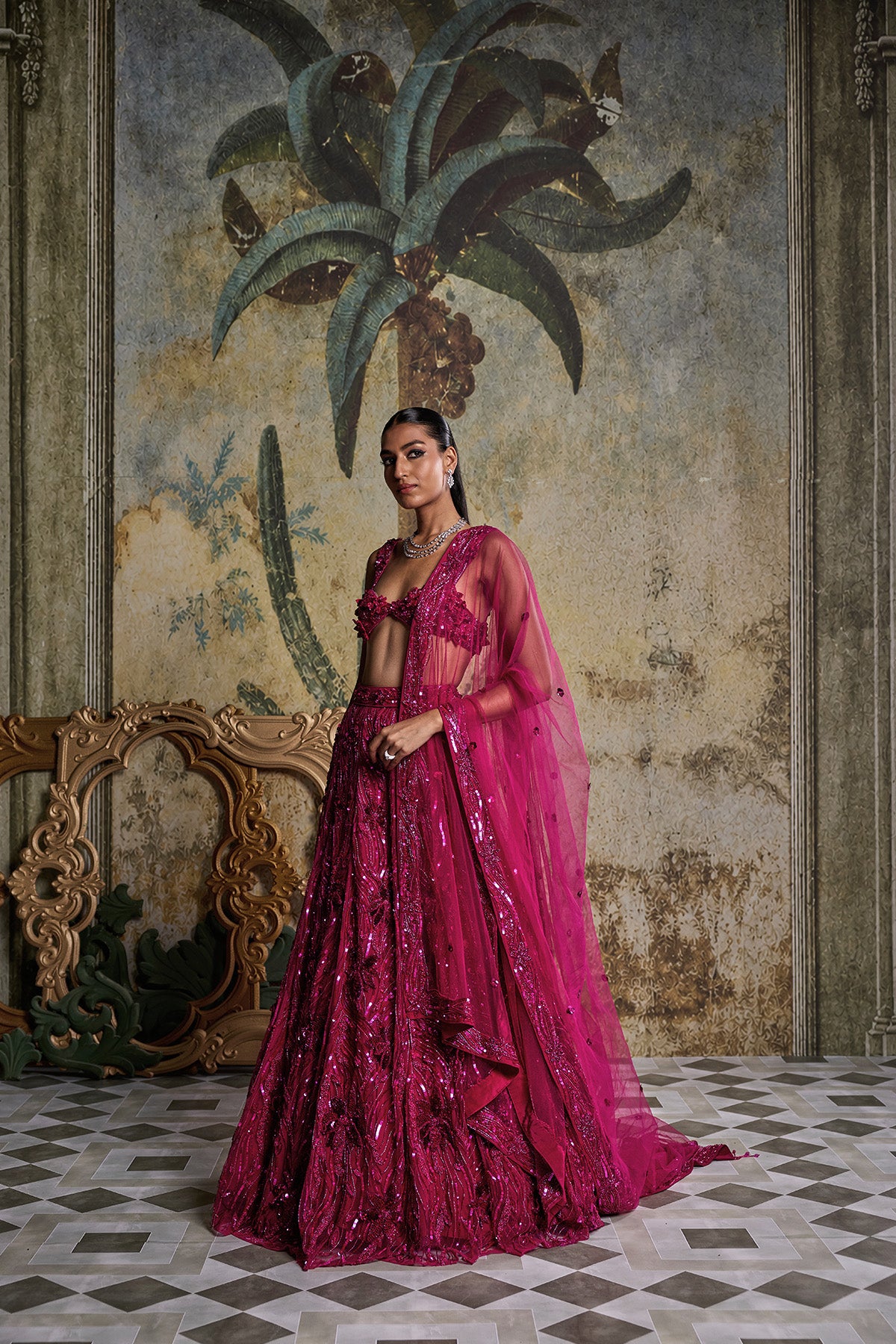FUSCHIA PINK 3-D EMBELLISHED LEHENGA SET