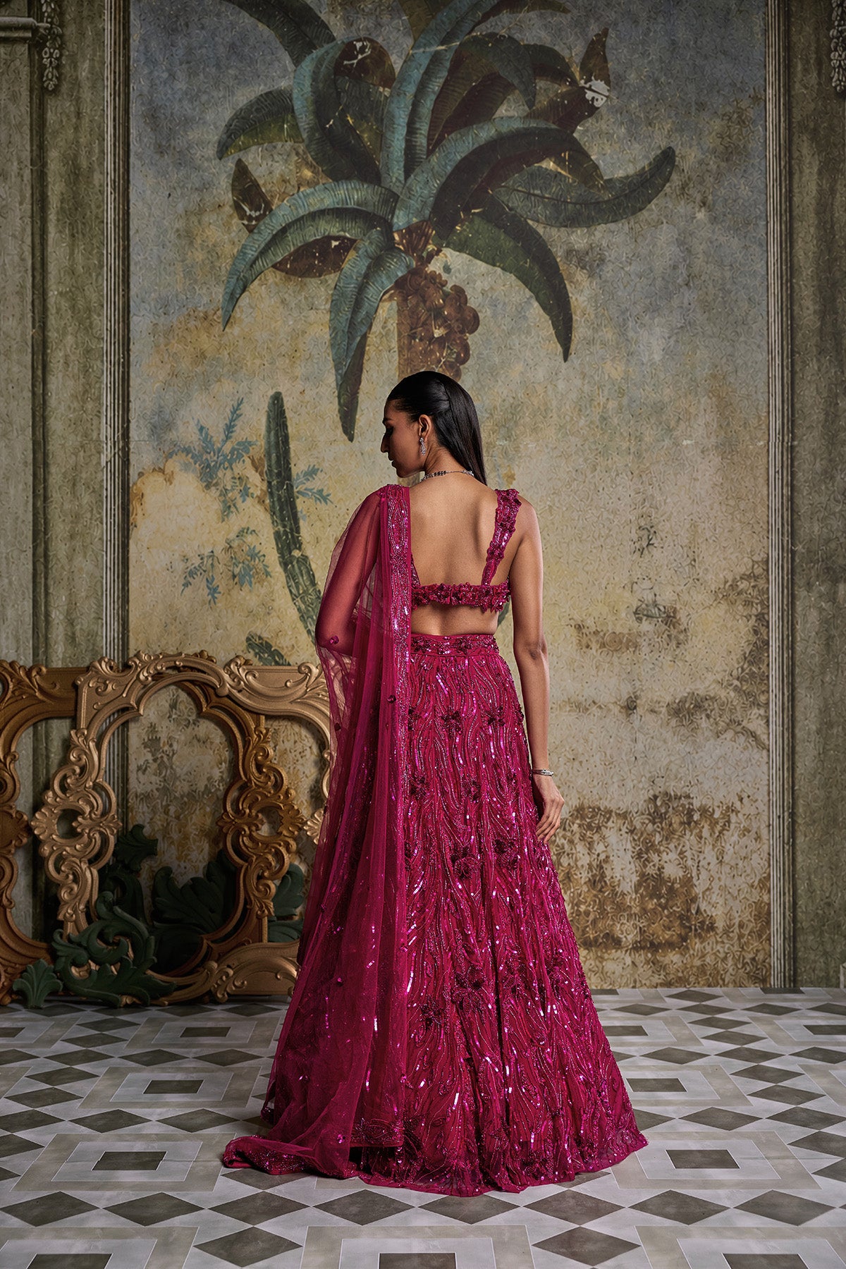 FUSCHIA PINK 3-D EMBELLISHED LEHENGA SET