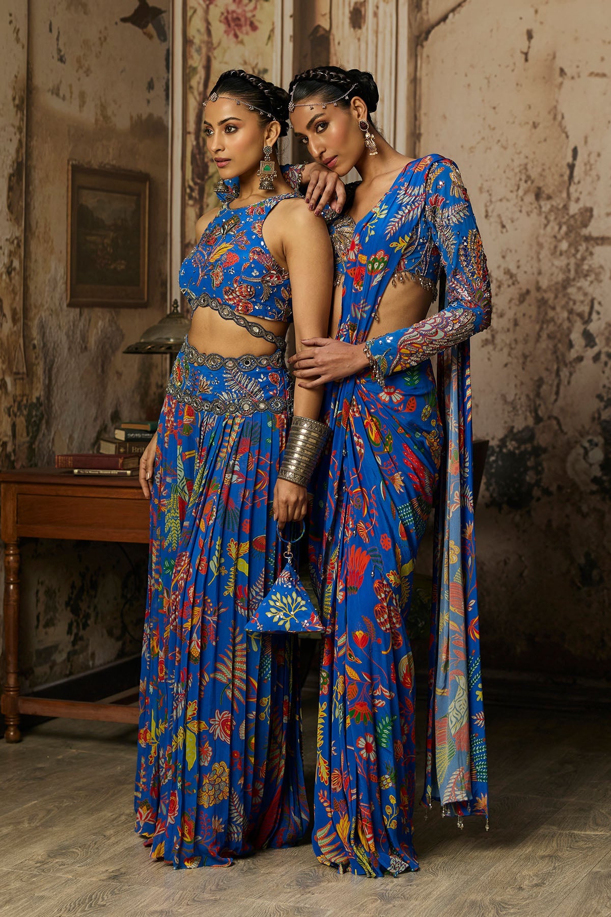 Electric Blue Printed And Highlighted Dhoti Saree
