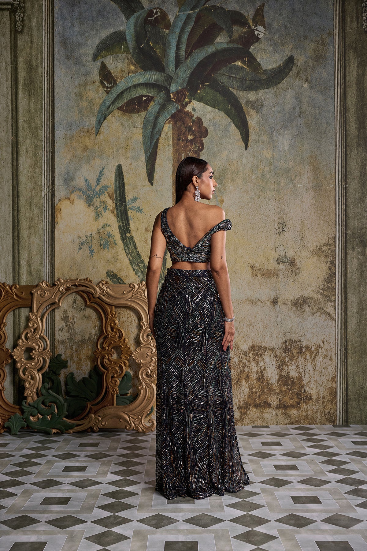 MID NIGHT BLUE EMBELLISHED SLIT SKIRT