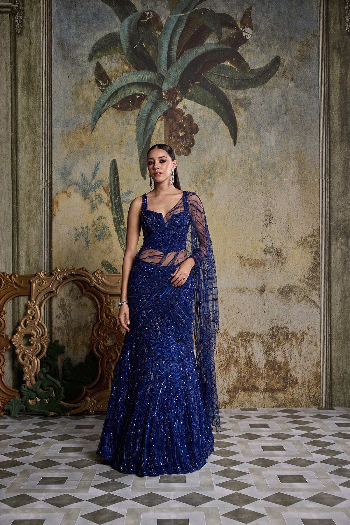 ELECTRIC BLUE EMBELLISHED SAREE SET