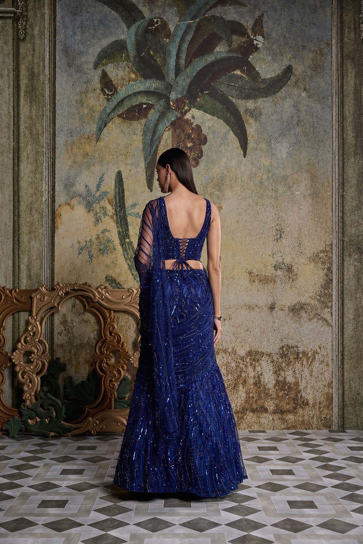 ELECTRIC BLUE EMBELLISHED SAREE SET