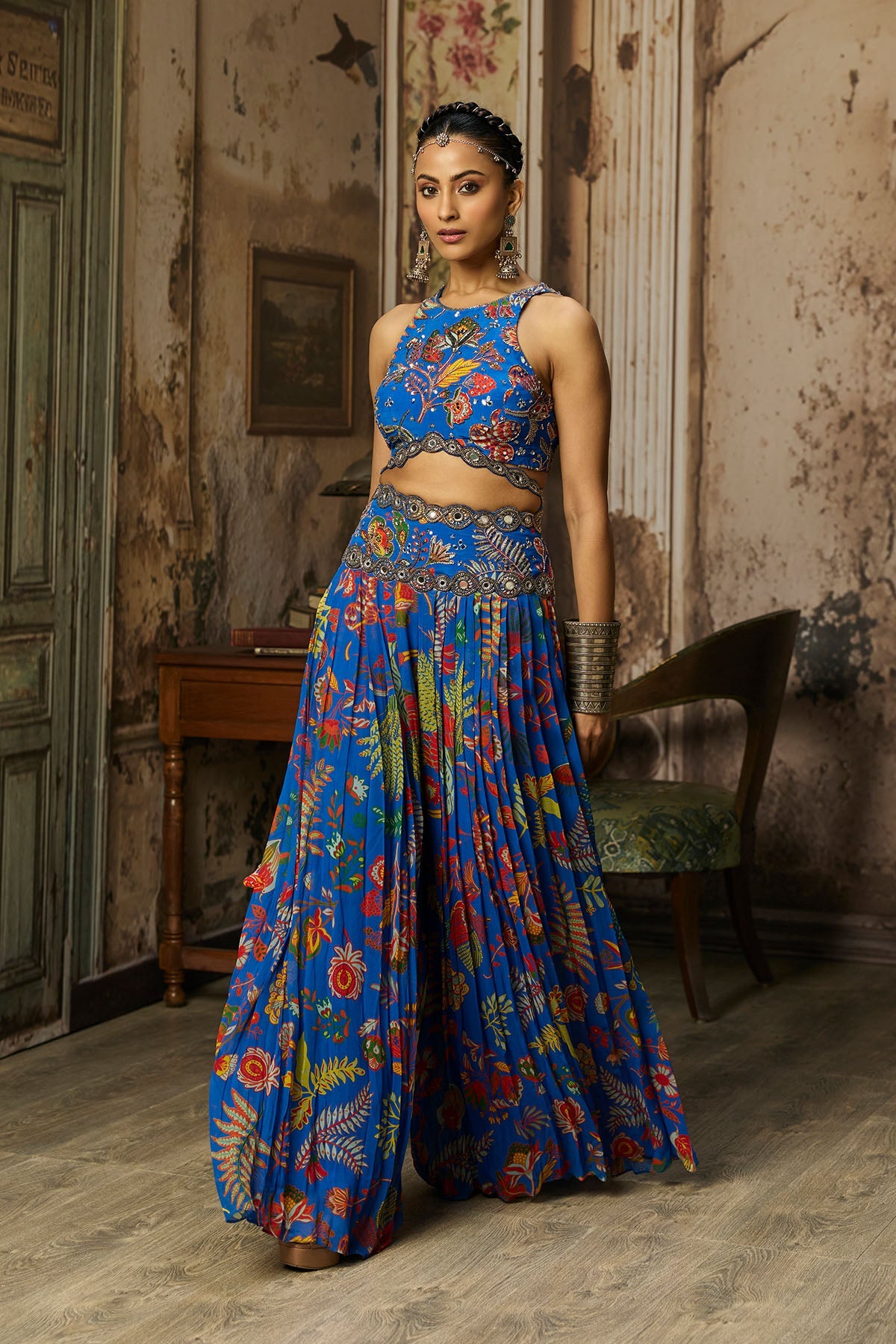 Electric Blue Printed And Highlighted Sharara Set