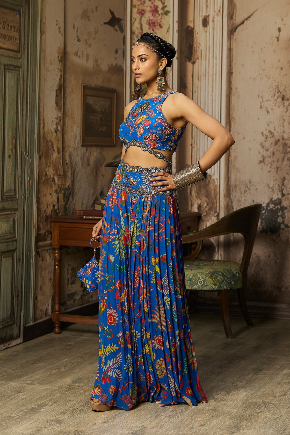 Electric Blue Printed And Highlighted Sharara Set