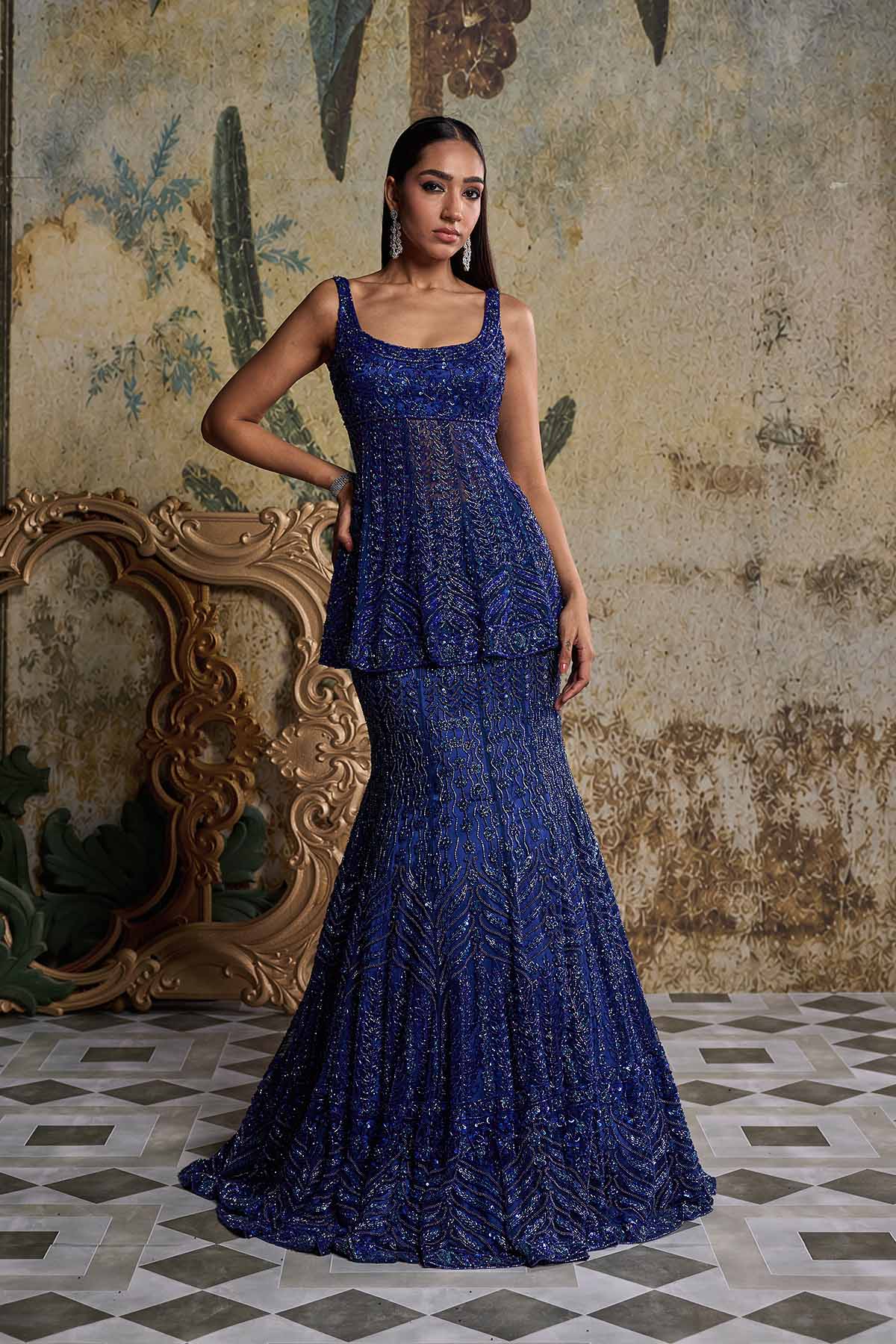 TEAL BLUE EMBELLISHED MERMAID SKIRT SET