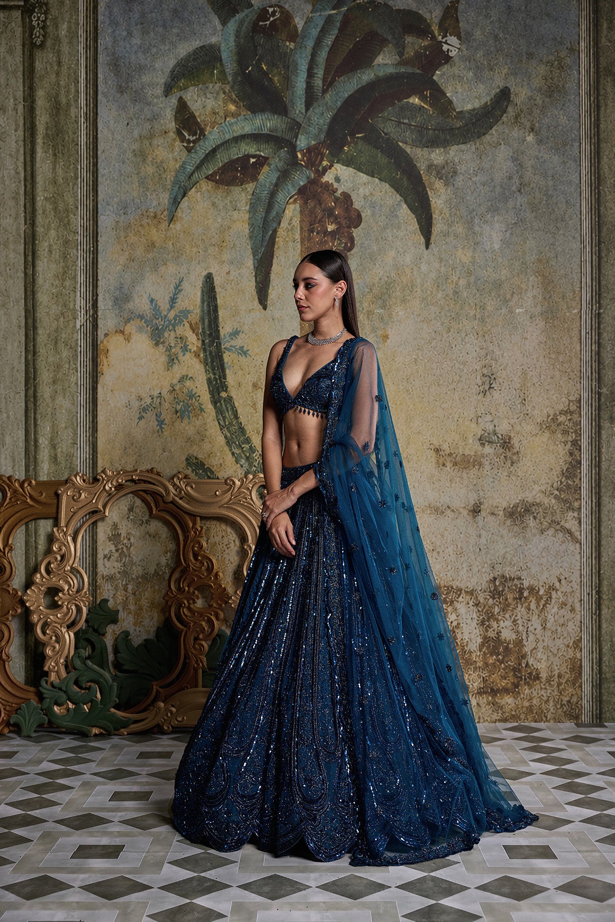 TEAL BLUE EMBELLISHED LEHENGA SET