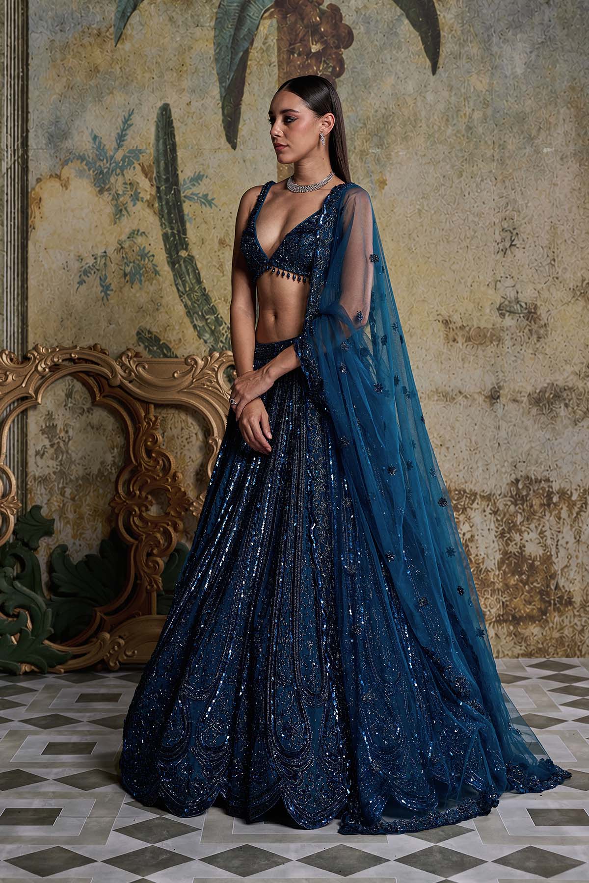 TEAL BLUE EMBELLISHED LEHENGA SET
