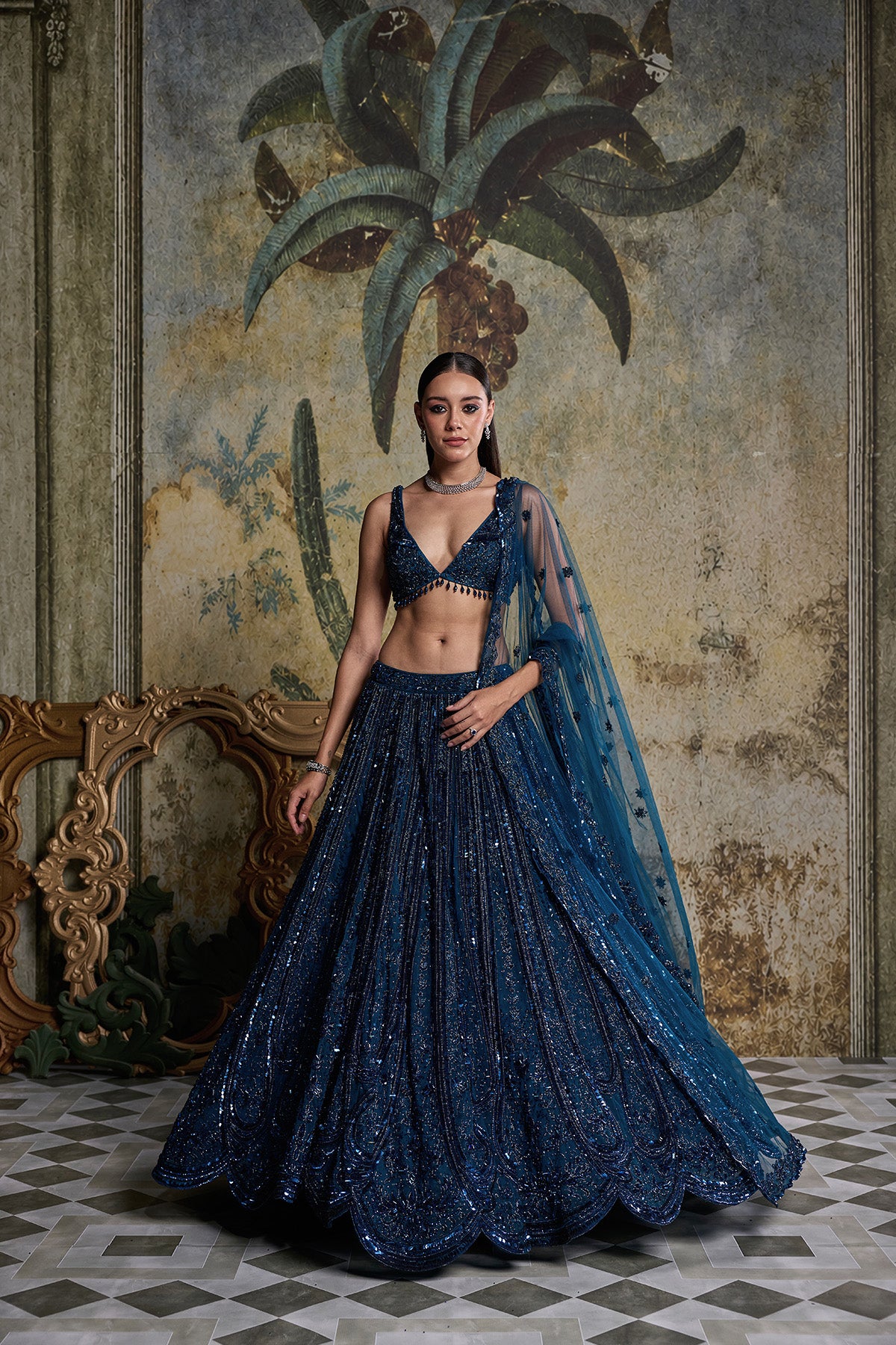 TEAL BLUE EMBELLISHED LEHENGA SET