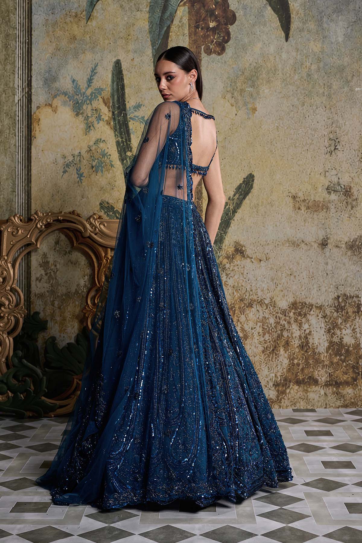 TEAL BLUE EMBELLISHED LEHENGA SET