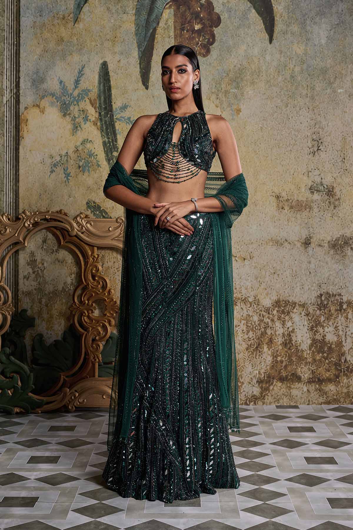 EMERALD GREEN EMBELLISHED MERMAID SKIRT SET
