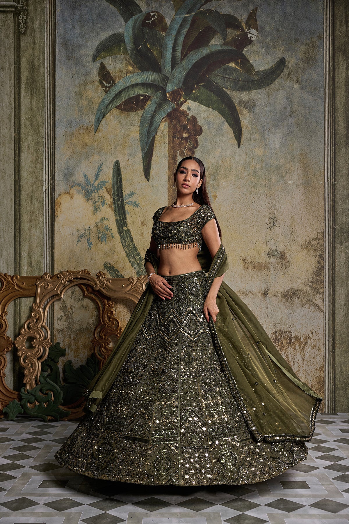 ALGAE GREEN EMBELLISHED LEHENGASET