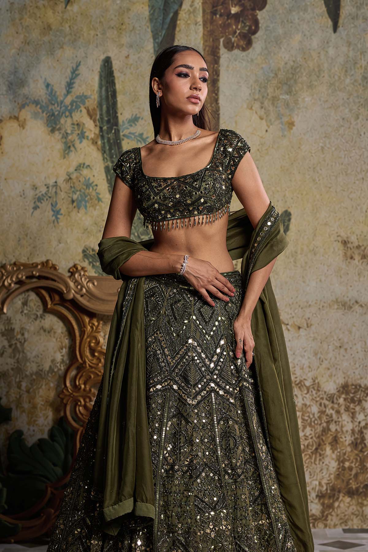 ALGAE GREEN EMBELLISHED LEHENGASET