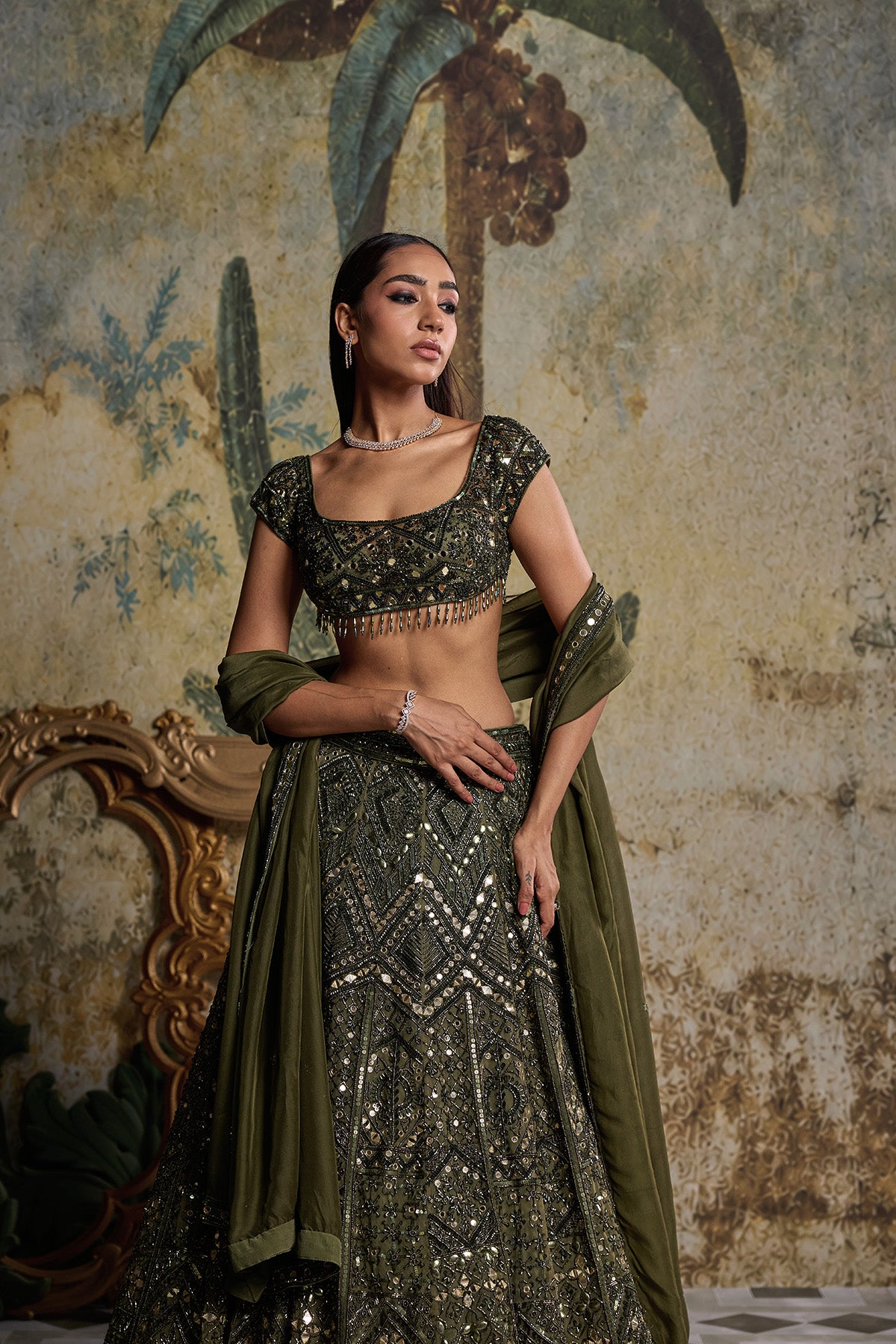 ALGAE GREEN EMBELLISHED LEHENGASET