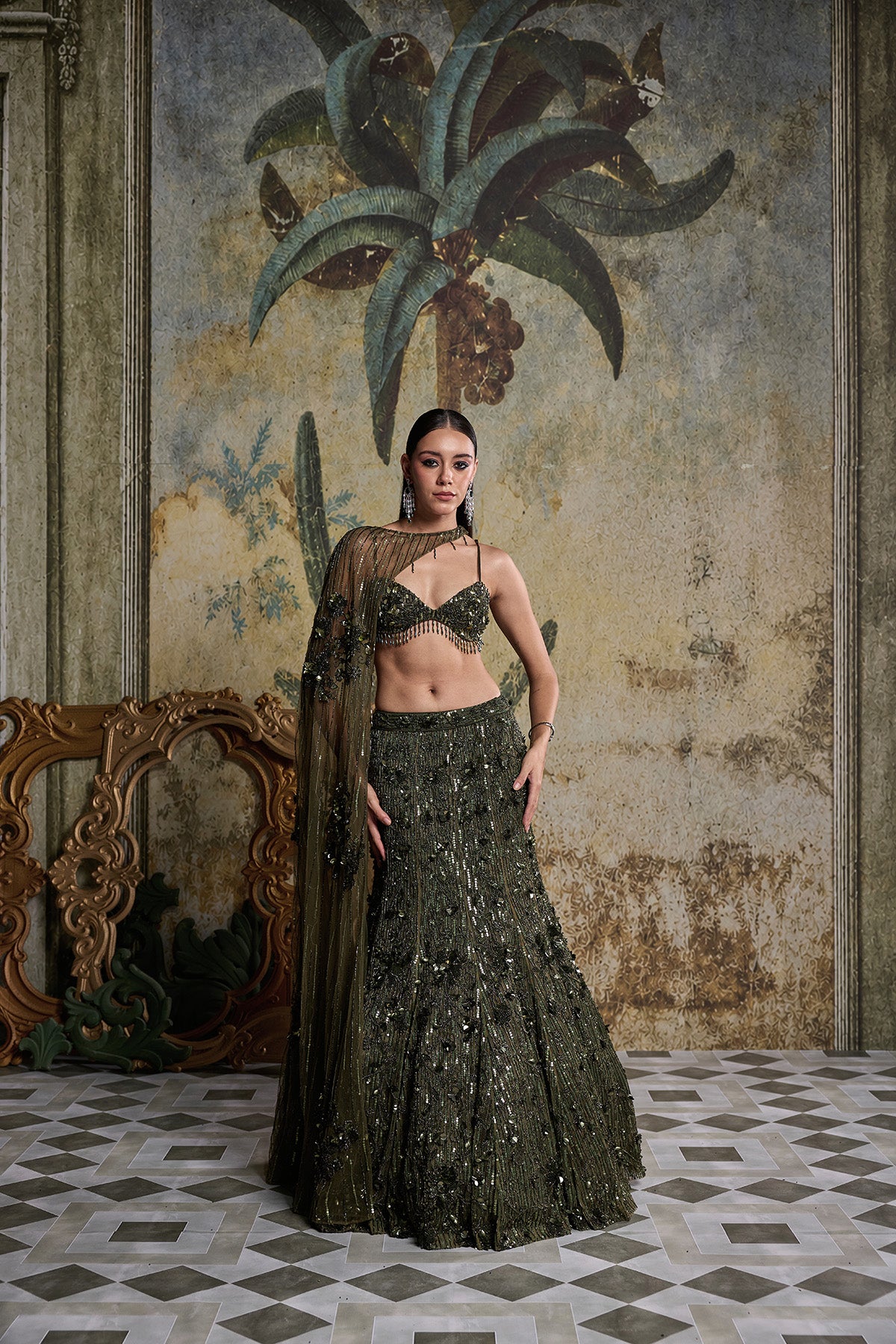 EARTHY GREEN EMBELLISHED CAPE MERMAID SET