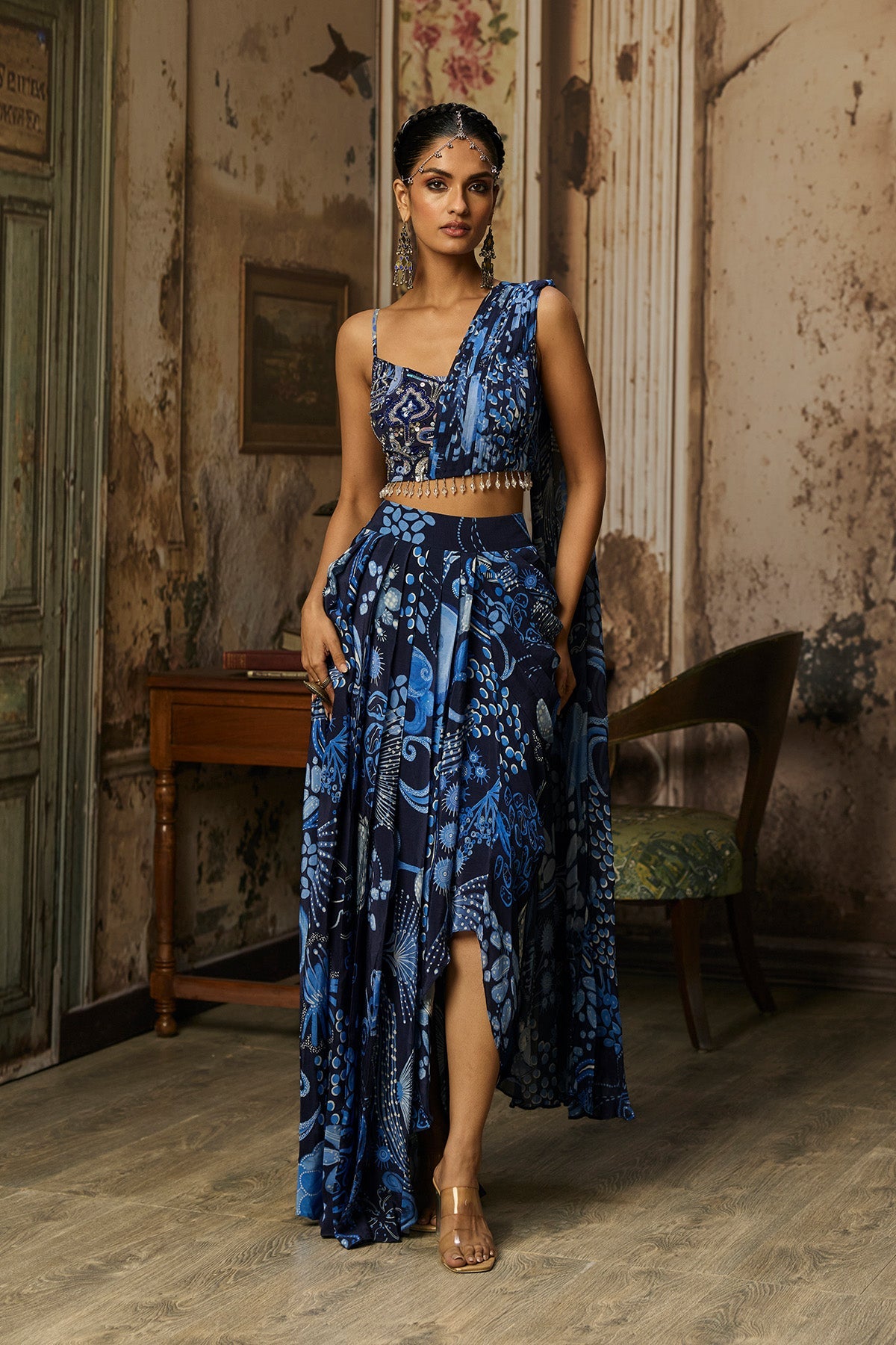 Navy Blue Printed Drape Asymmetric Crop Top And Skirt Set
