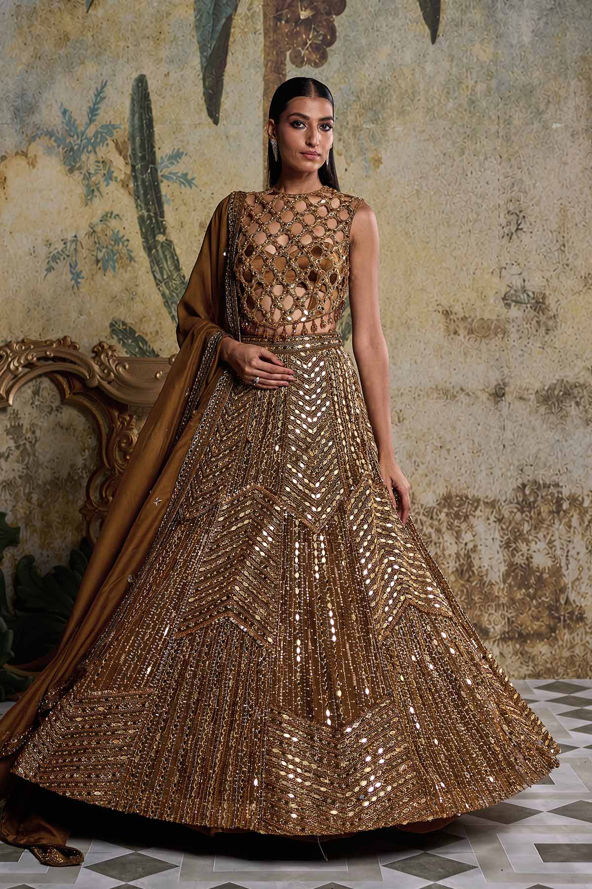 ANTIQUE GOLD EMBELLISHED LEHENGA SET