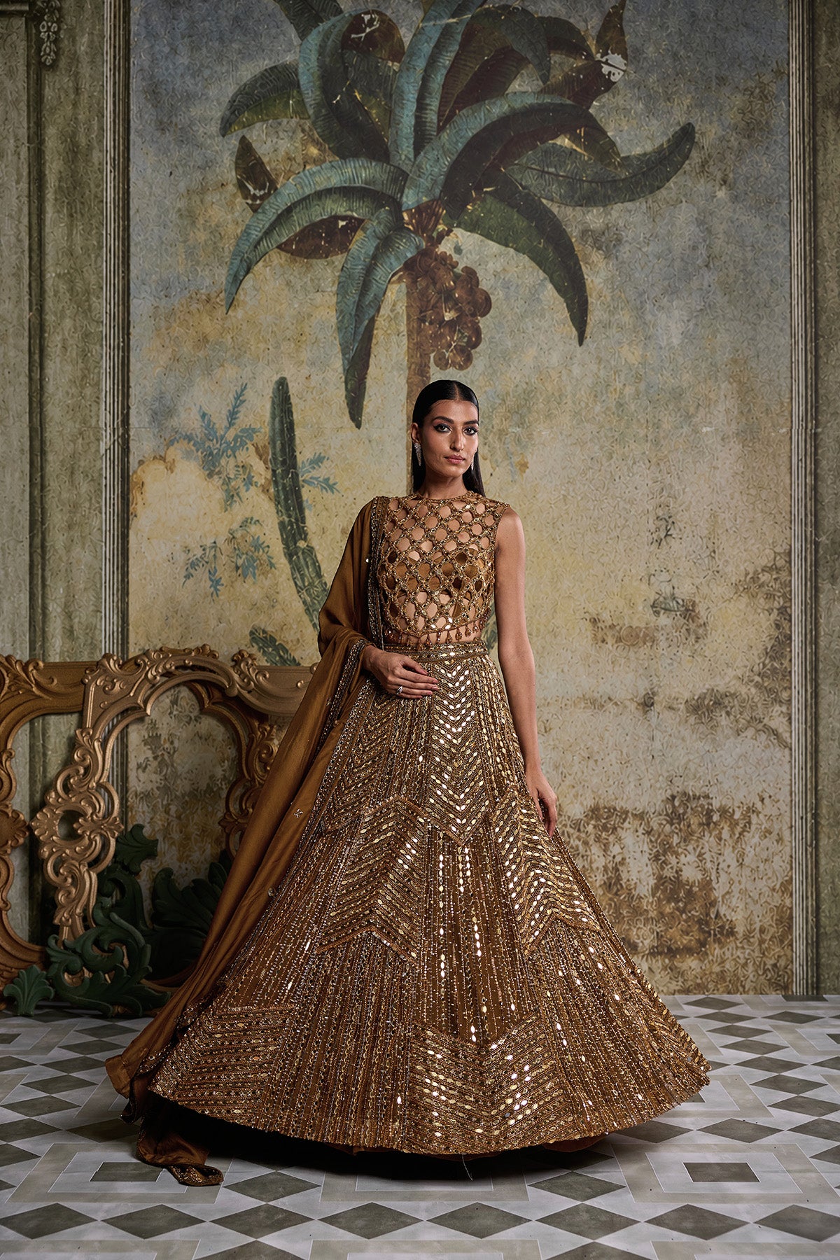 ANTIQUE GOLD EMBELLISHED LEHENGA SET