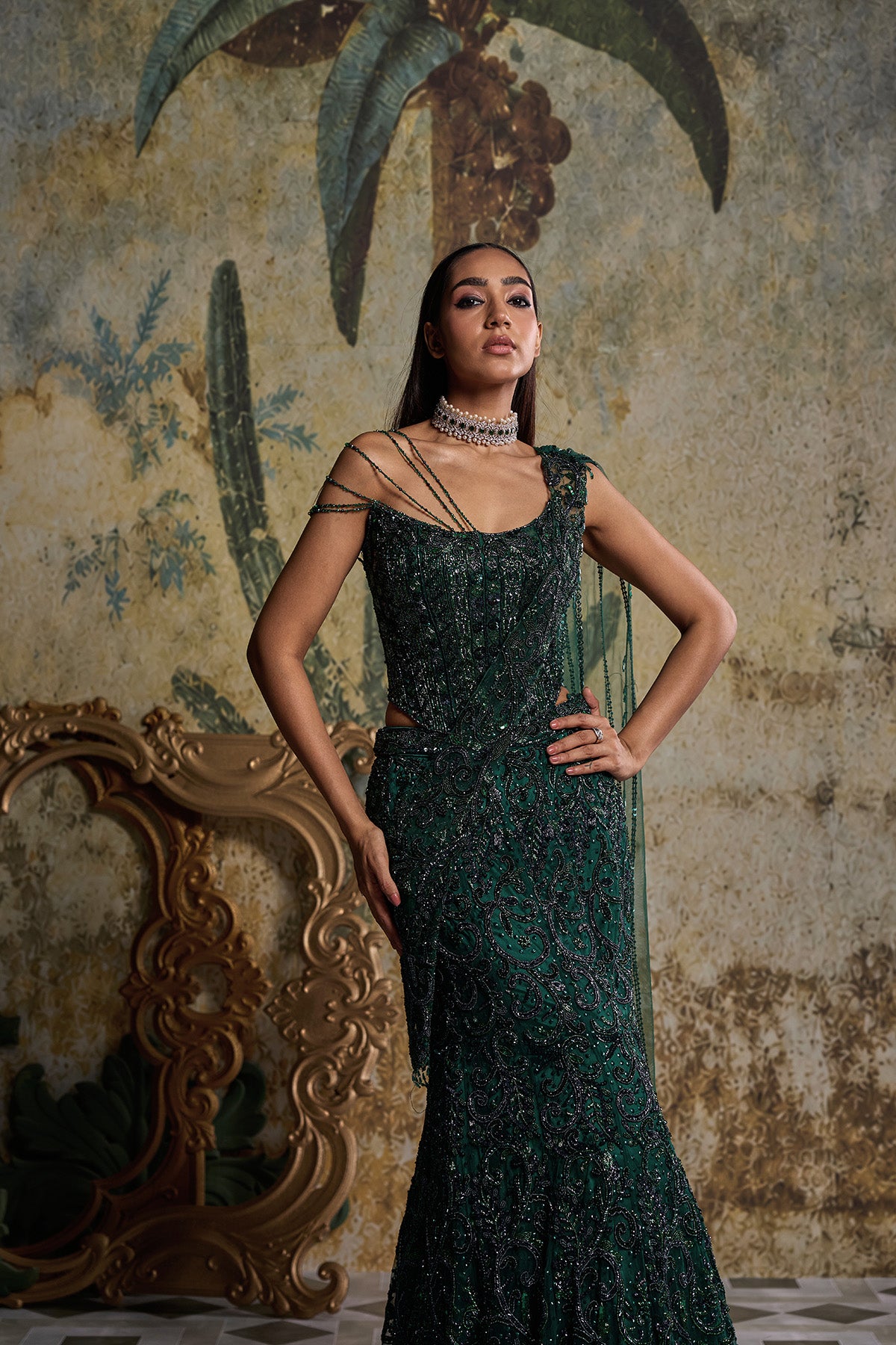 BOTTLE GREEN EMBELLISHED CORSET SAREE SET