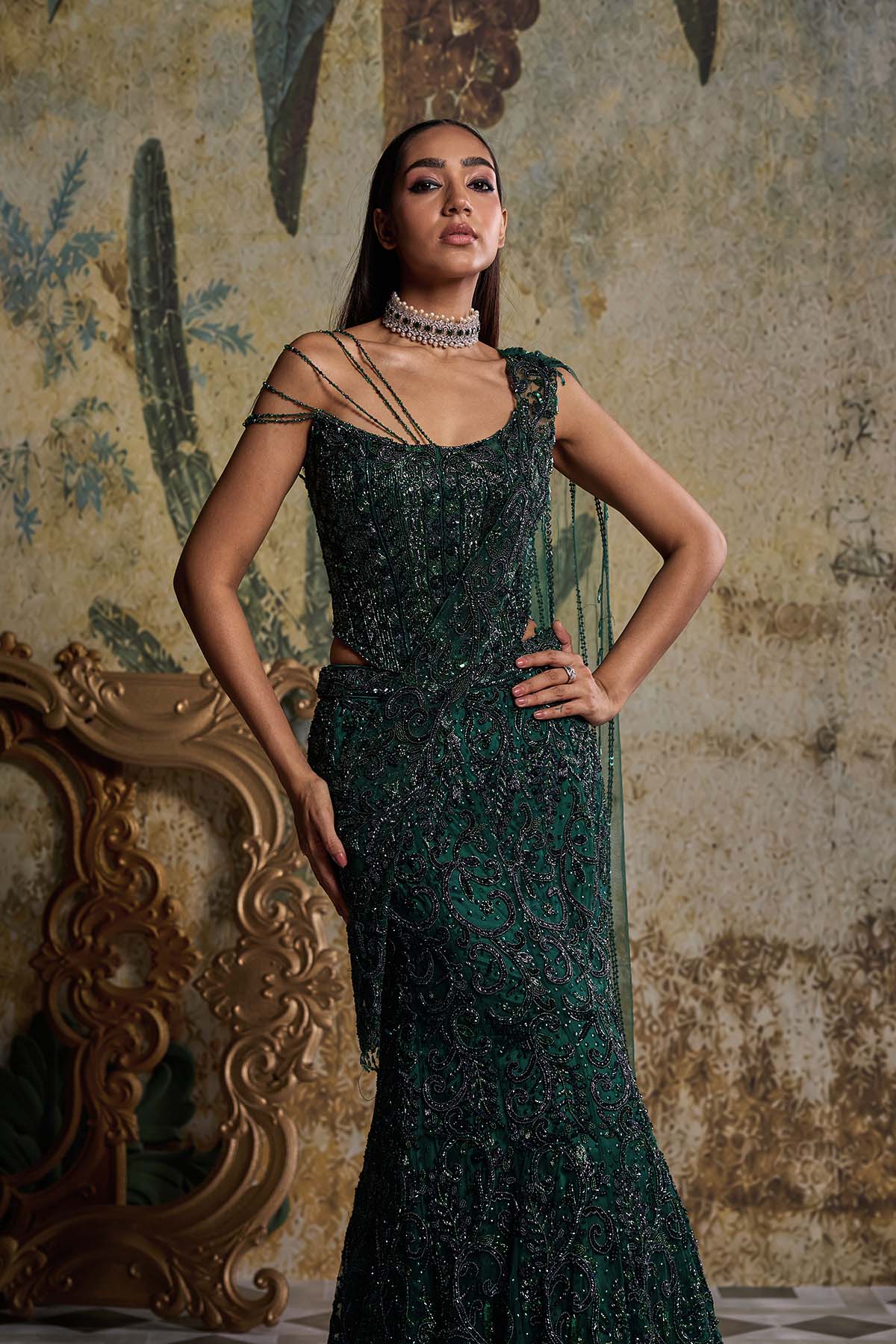 BOTTLE GREEN EMBELLISHED CORSET SAREE SET