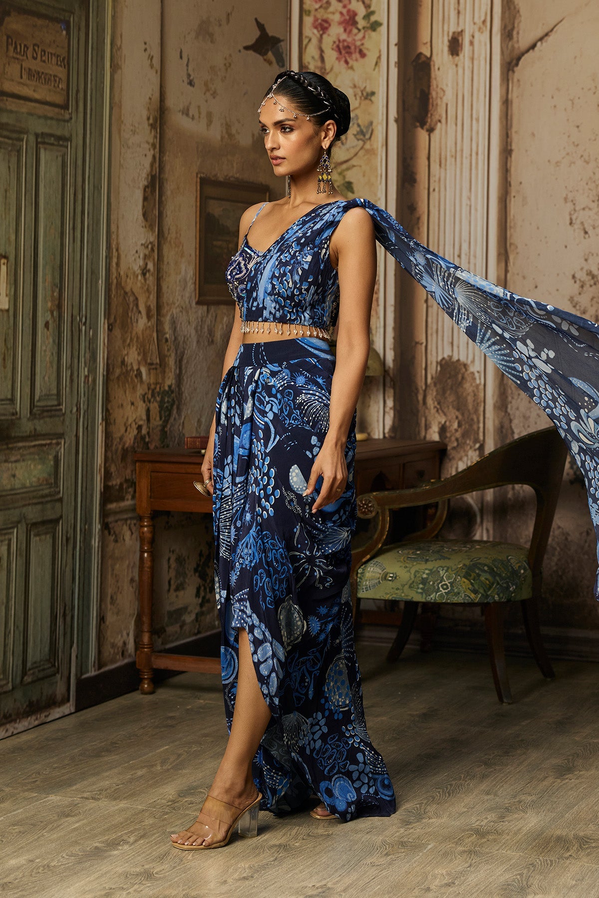 Navy Blue Printed Drape Asymmetric Crop Top And Skirt Set