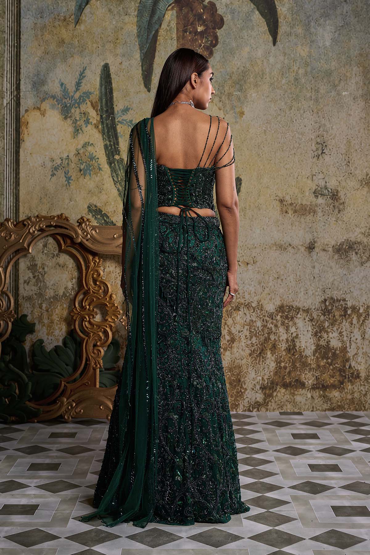 BOTTLE GREEN EMBELLISHED CORSET SAREE SET